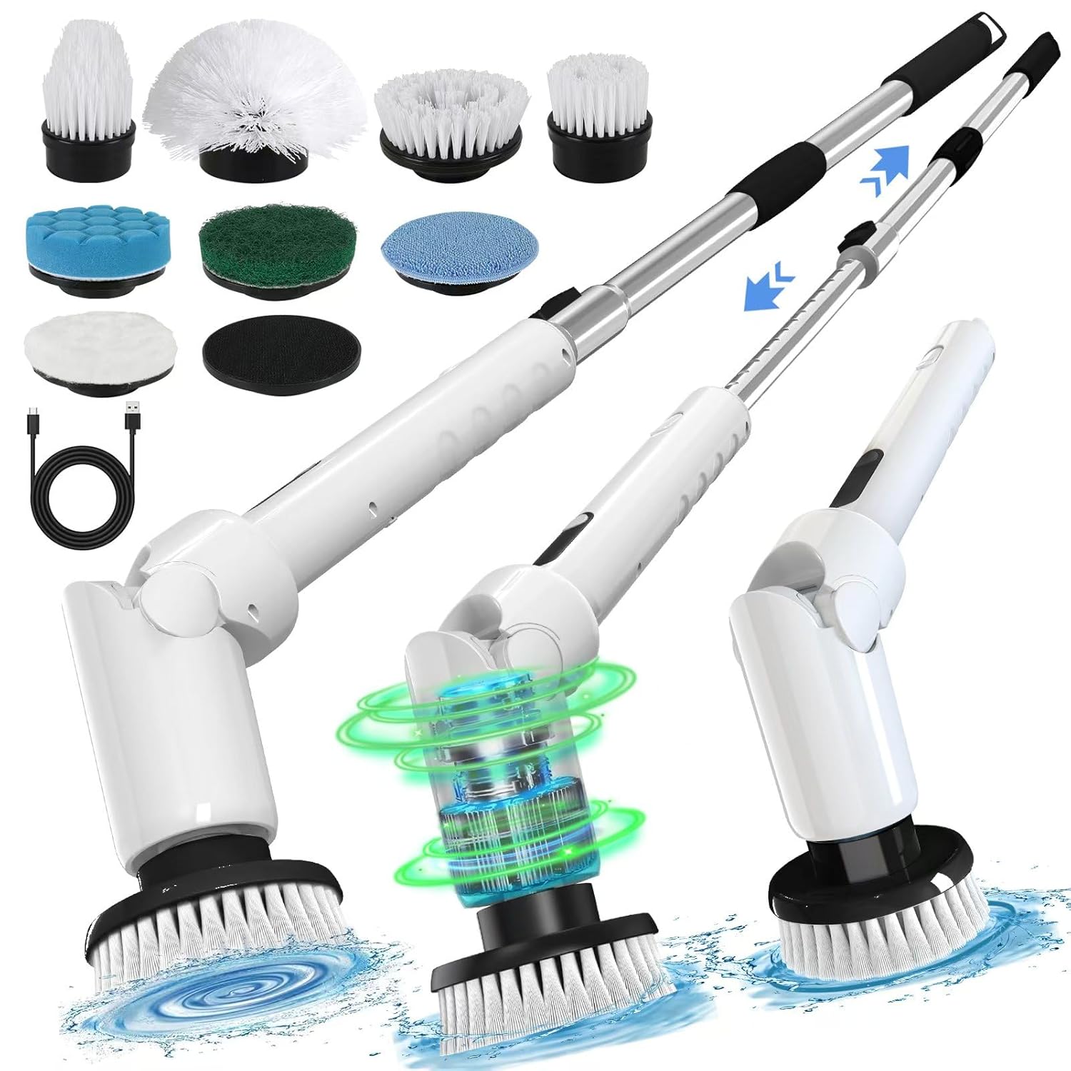 Electric Spin Scrubber - Cordless Cleaning Brush with Digital Display, 2 Speeds, 8 Brush Heads,  Waterproof, Adjustable Long Handle for Bathroom, Tub, Tile, Shower, and Car