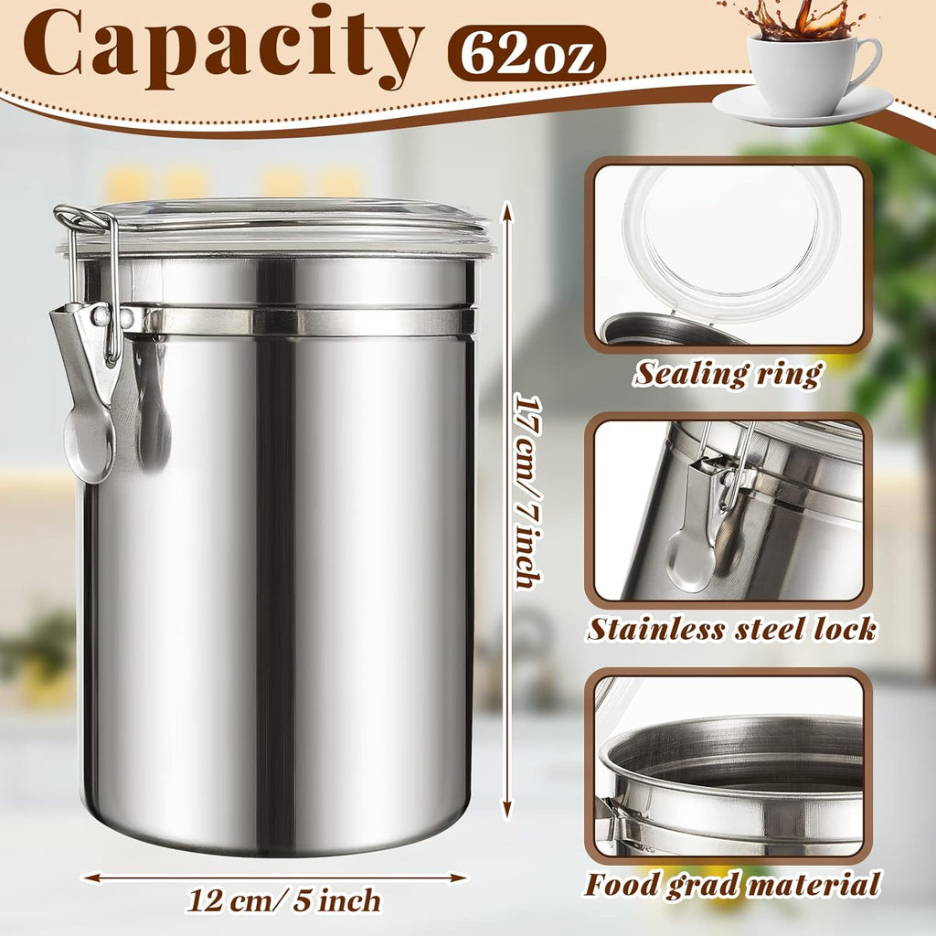 3 Pcs Stainless Steel Kitchen Canisters 62 fl oz Metal Food Storage Coffee Container with Clear See Airtight Clamp Lids for Loose Tea Sugar Ground Coffee Beans Flour Snacks Pantry