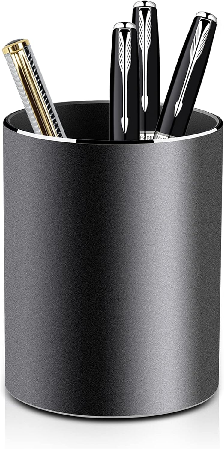 Metal Pen Holder Aluminum Pencil Holder for desk, Round Desktop Organizer and Black Pencil Cup for Office, School, Home and Stationary Supplies (3.15 x 3.15 x 3.94 Inches)