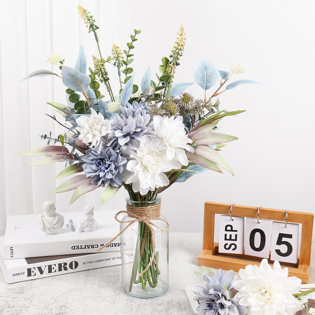 Fake Artificial Flowers Bouquet for Decoration, Silk Floral Arrangements Faux Flowers Plant Wedding Bride Bouquets Tables Centerpieces for Rustic Home Decor Indoor Vase Floral Table Decor (Blue White)