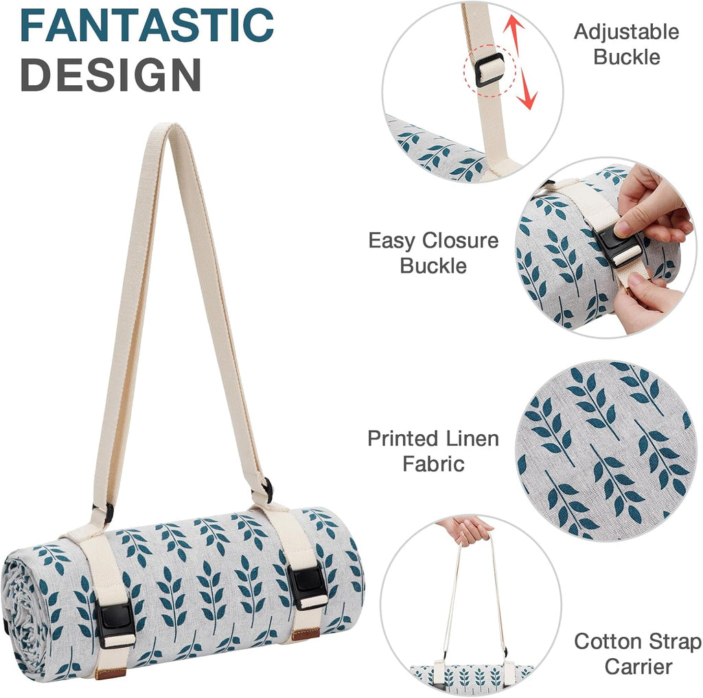 Picnic Blankets Washable | Beach Mat Sand Free Waterproof | Camping Blankets | Emergency Blankets | Picnic Baskets Accessories with Waterproof Backing and Shoulder Strap -
