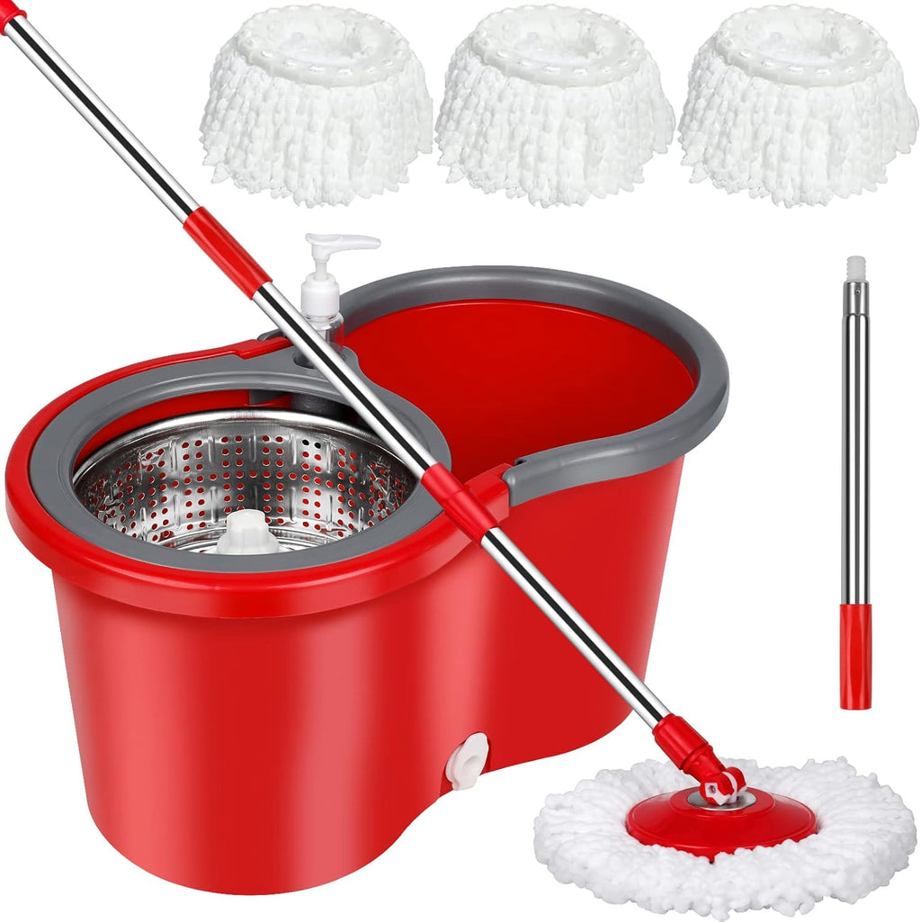 Spin Mop and Bucket with Wringer Set，Mop and Bucket Set for Floor Cleaning with 3 Mop Refills 61 inches Telescoping Mop Rod for Office and Home use,Red,(360 Mop bucket)