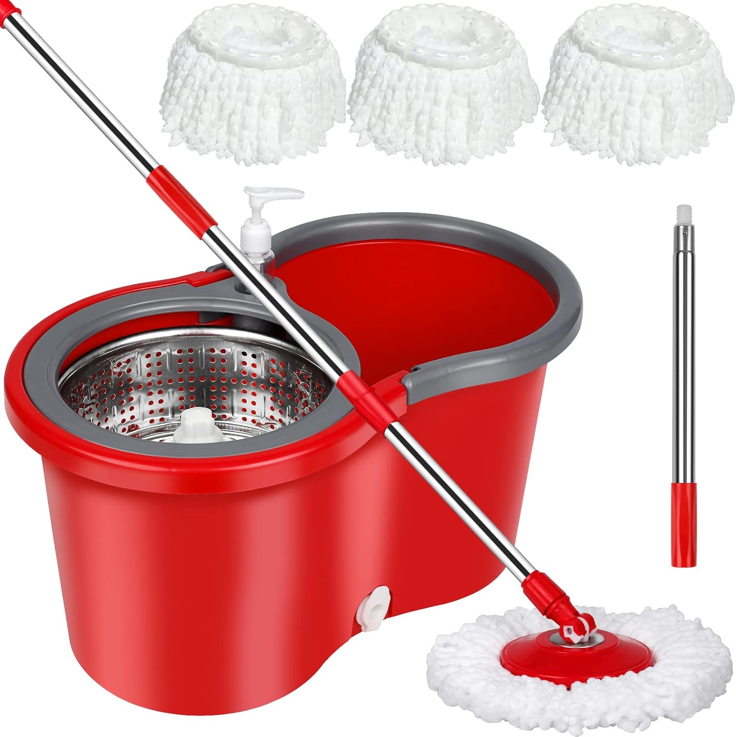 Spin Mop and Bucket with Wringer Set，Mop and Bucket Set for Floor Cleaning with 3 Mop Refills 61 inches Telescoping Mop Rod for Office and Home use,Red,(360 Mop bucket)