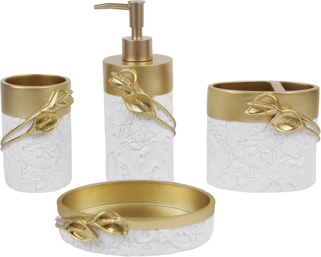 Bathroom Accessories Set,Golden Design Toothbrush Holder,Farmhouse Bathroom Decor,4 Pcs Resin Gift Set Apartment Necessities, Contain Toothbrush Cup,Soap Dispenser,Soap Dish,Tumbler