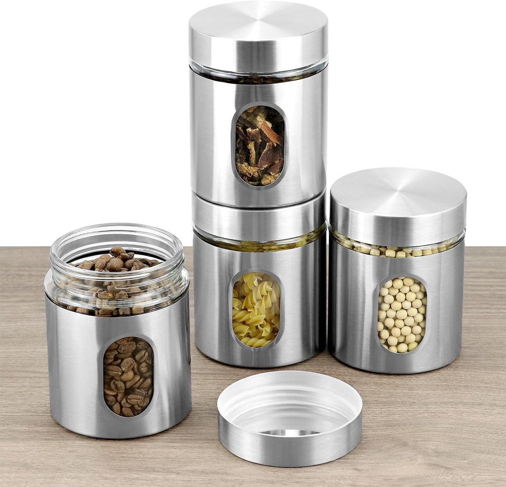 6 Pack 20 oz Stainless Steel Glass Kitchen Canisters Set, Airtight Food Storage Containers with Window, for Flour Cookies Spices Grains