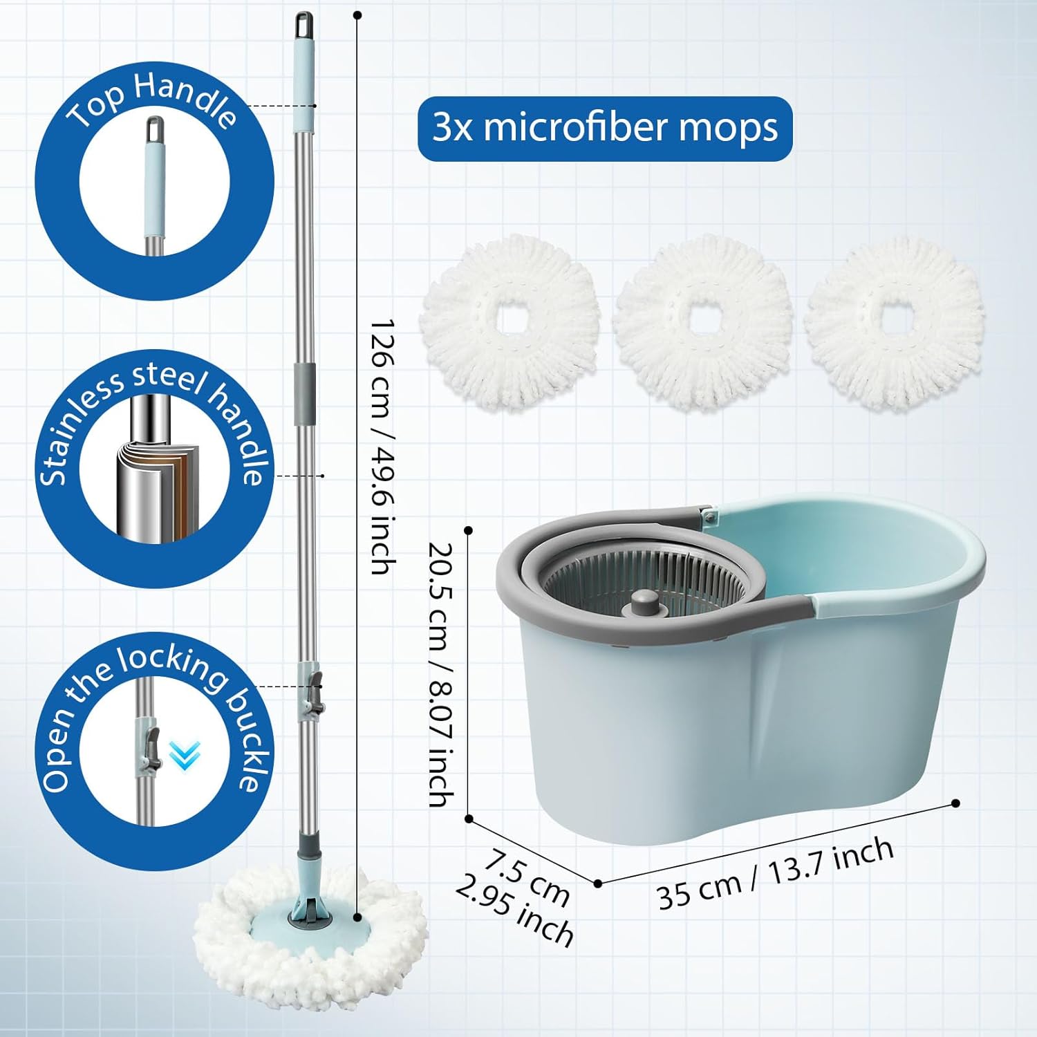 Spin Mop and Bucket, Mop and Bucket with Wringer Set for Home, 360 Spinning Mop Bucket Floor Cleaning Tool with 3 Microfiber Mop Replacement Head Refills,50" Extended Handle for Floor Cleaning Home