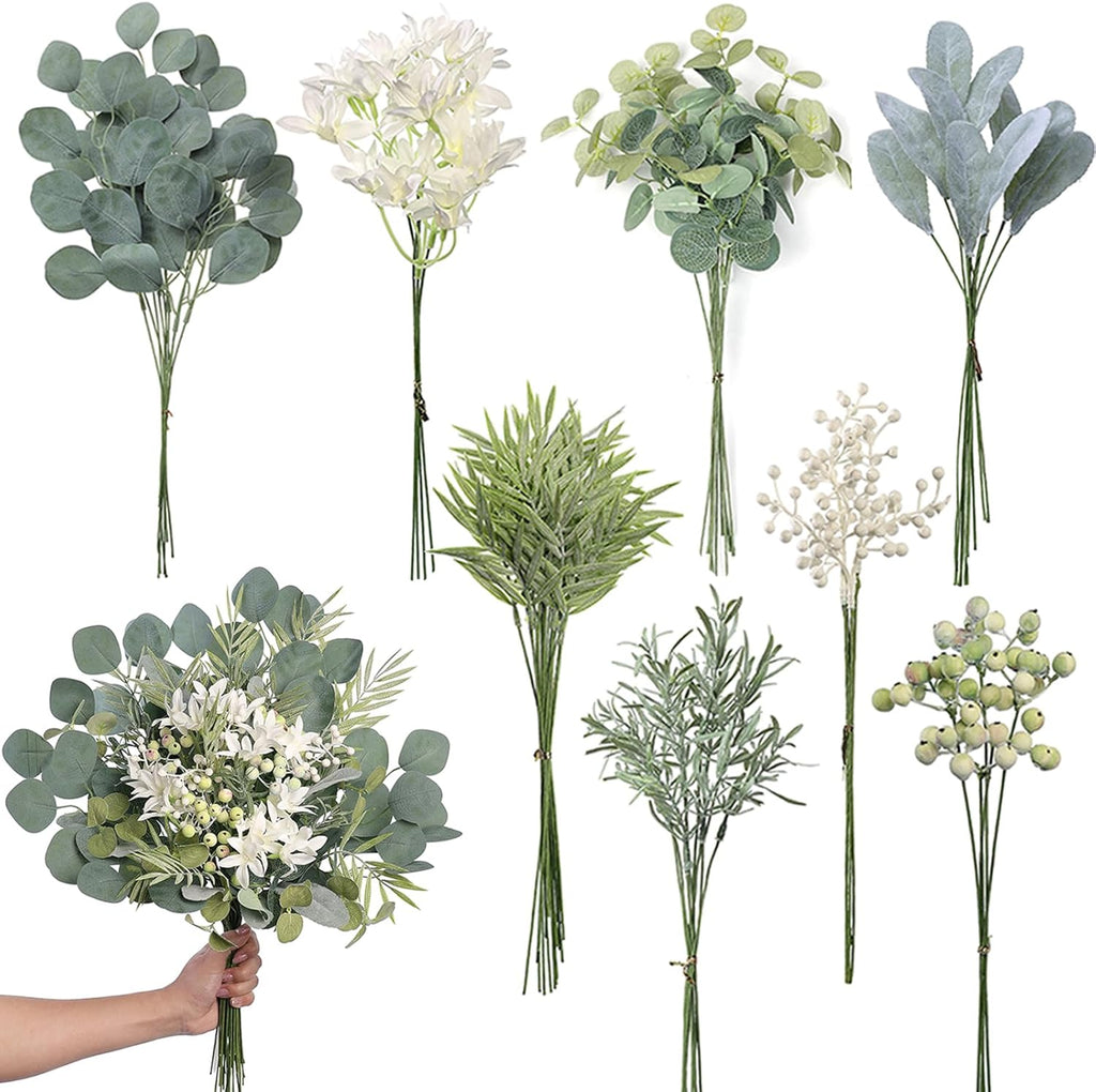 75 Pcs Artificial Greenery Stems Box Set,with 8 Kinds of Faux Plants and Fake Flowers for DIY Bridal Bouquets Wedding Floral Arrangement Table Centerpieces Decoration (Sage Green)