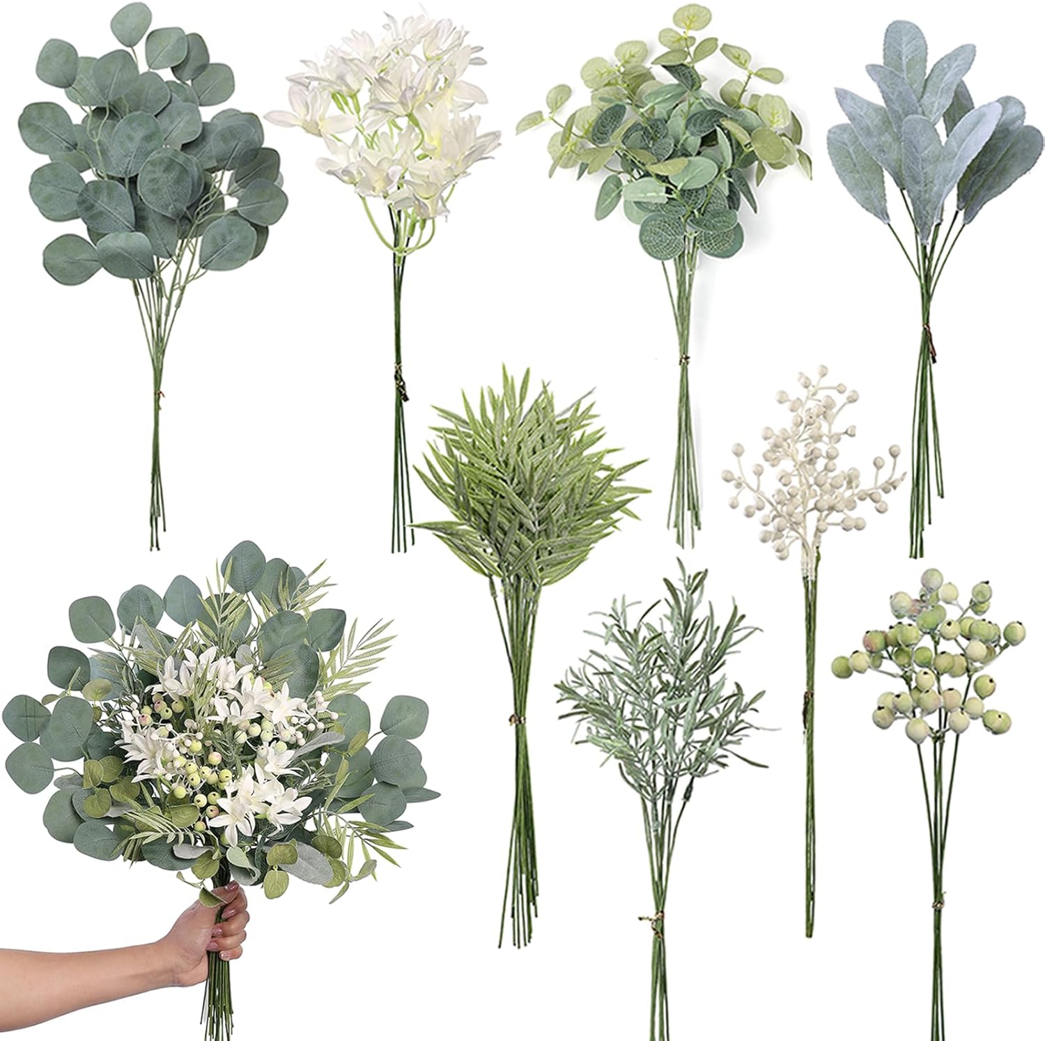 75 Pcs Artificial Greenery Stems Box Set,with 8 Kinds of Faux Plants and Fake Flowers for DIY Bridal Bouquets Wedding Floral Arrangement Table Centerpieces Decoration (Sage Green)