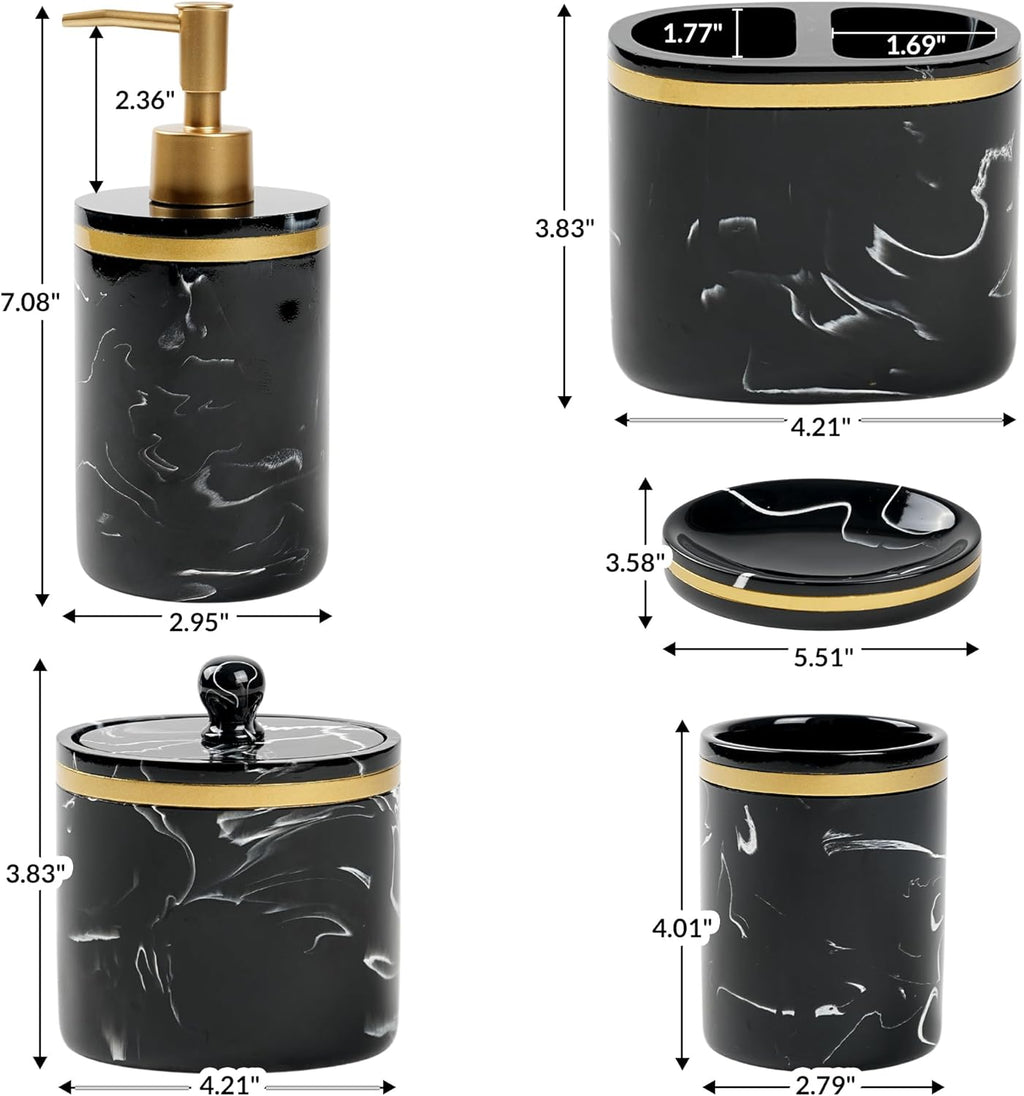 Bathroom Accessories Set 5 Pcs - Toothbrush Holder, Bathroom Tumbler, Lotion Soap Dispenser, Cotton Swab Jars, Soap Dish（Black） - Modern Bathroom Home Decor and Storage Solution