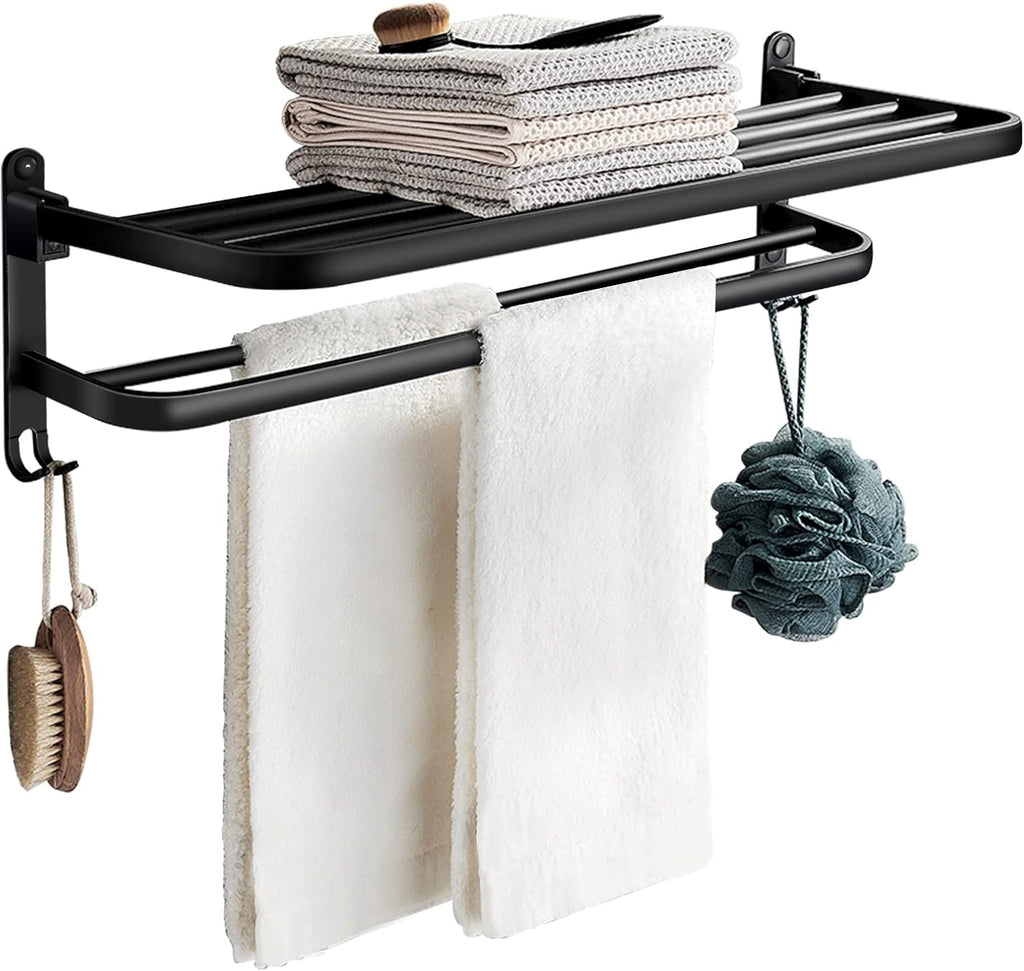 Towel Racks for Bathroom, Black Towel Bar for Bathroom with Double Shelf, Bathroom Towel Rack Wall Mounted 2 Tier, Bathroom Accessories, Space Aluminum, 24 Inch