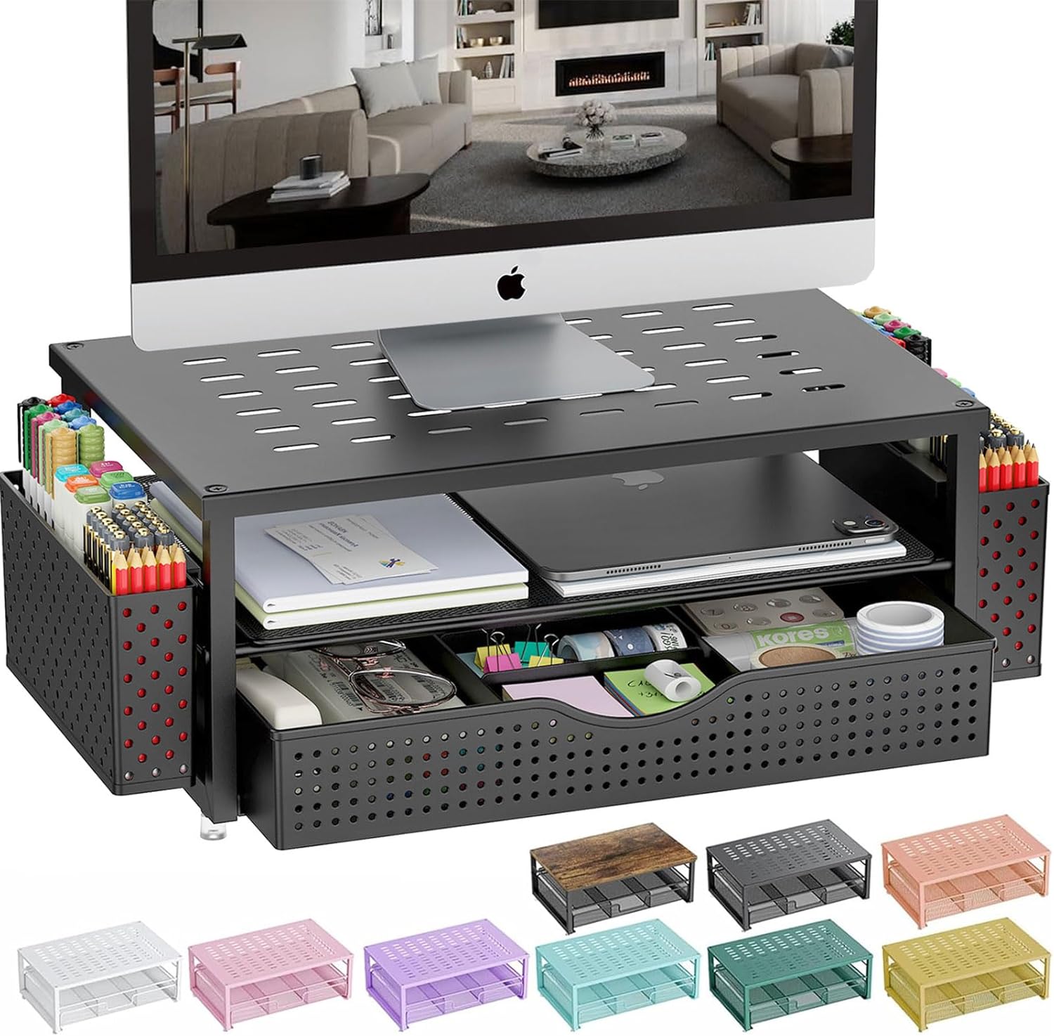 Desk Organizers and Accessories, Monitor Stand with Drawer and 2 Pen Holder, Desktop Organizer Suitable for Offices and Dormitories (Black)