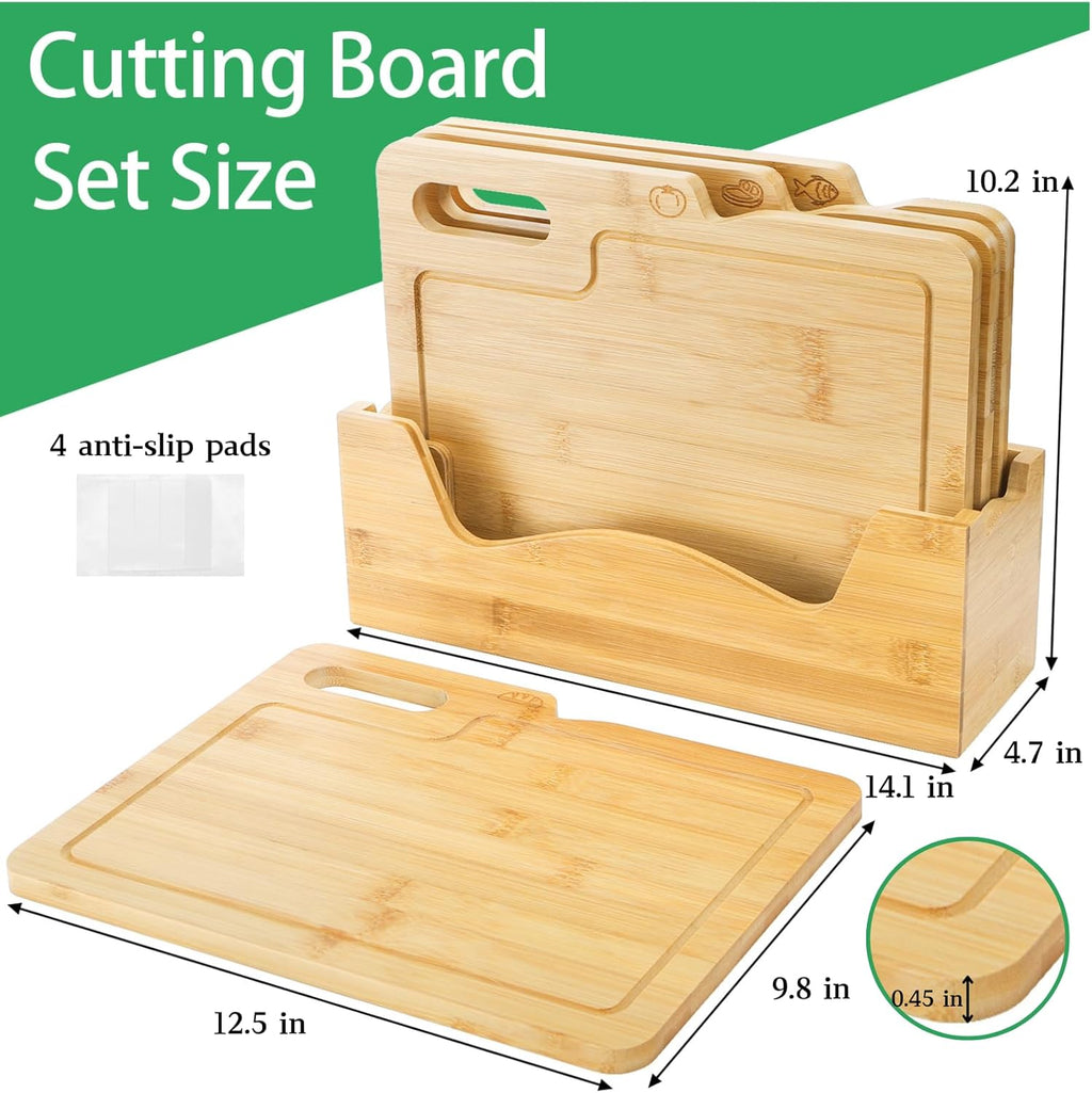 4 Pack 12.5"L x 9.8"W Bamboo Cutting Boards with Holder, Wood Cutting Board Set, Chopping Boards Set with Food Icons, Kitchen Cutting Board Ideal for Meat, Fish, Bread, Vegetable, Fruit