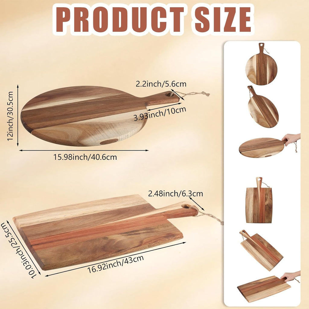2 Pcs Acacia Wood Cutting Board with Handle Wooden Charcuterie Board Large Paddle Carving Chopping Set Butter Serving Tray for Cheese Meat Fruit Pizza Bread Baking(Classic Handle)