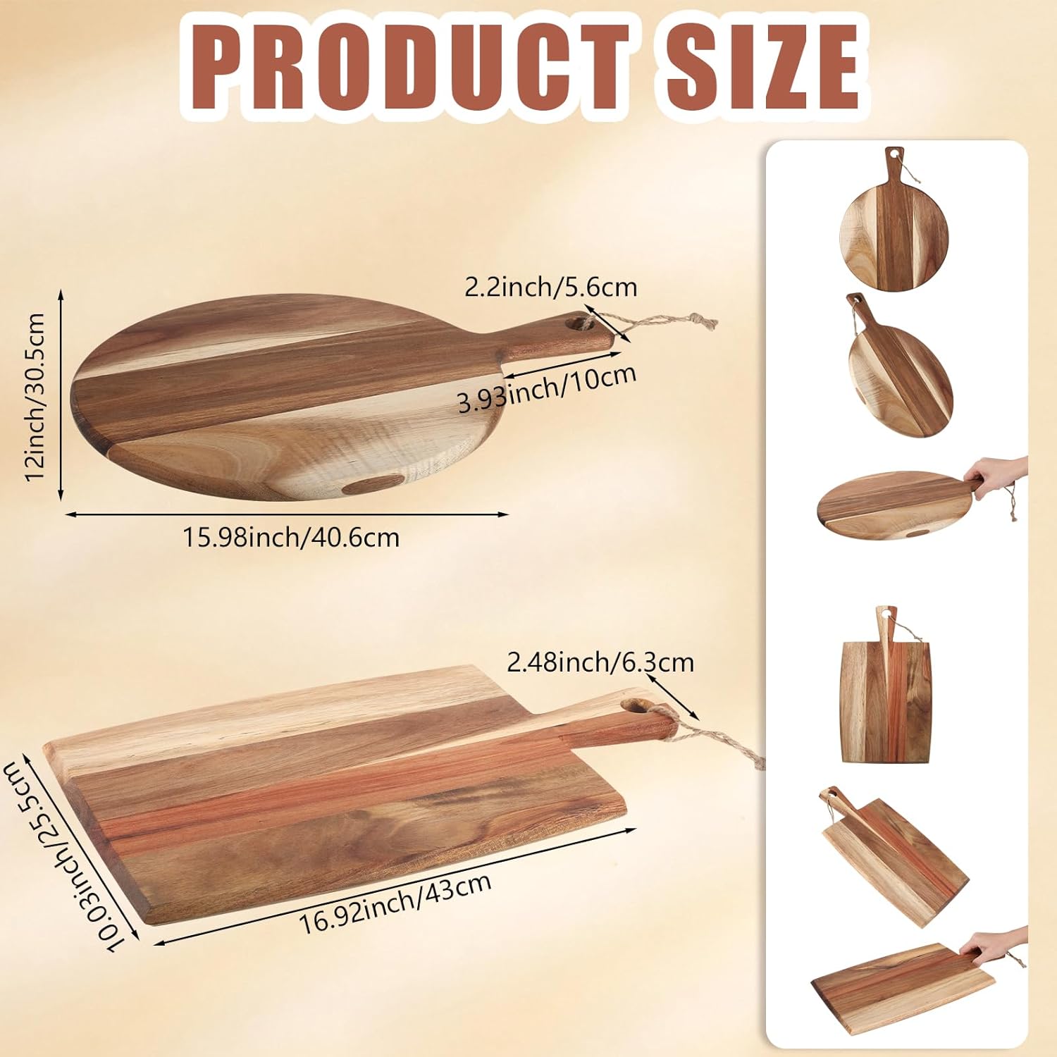 2 Pcs Acacia Wood Cutting Board with Handle Wooden Charcuterie Board Large Paddle Carving Chopping Set Butter Serving Tray for Cheese Meat Fruit Pizza Bread Baking(Classic Handle)