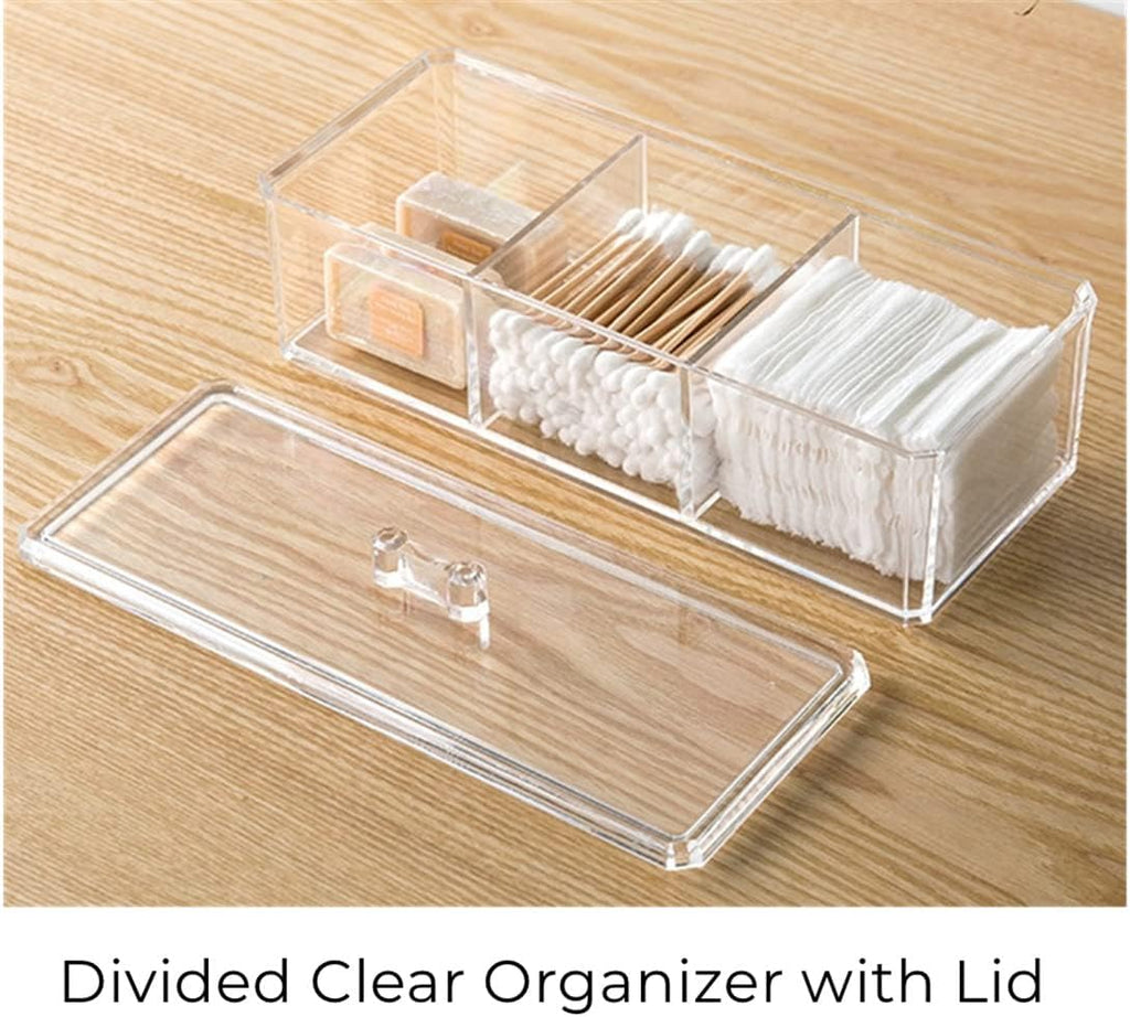 Clear Cotton Ball and Swab Holder 3 Divided Compartments with Lid, , Waterproof Bathroom Organizers Small Plastic Storage Containers, Vanity Makeup Organization (A)