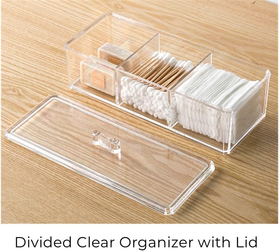 Clear Cotton Ball and Swab Holder 3 Divided Compartments with Lid, , Waterproof Bathroom Organizers Small Plastic Storage Containers, Vanity Makeup Organization (A)