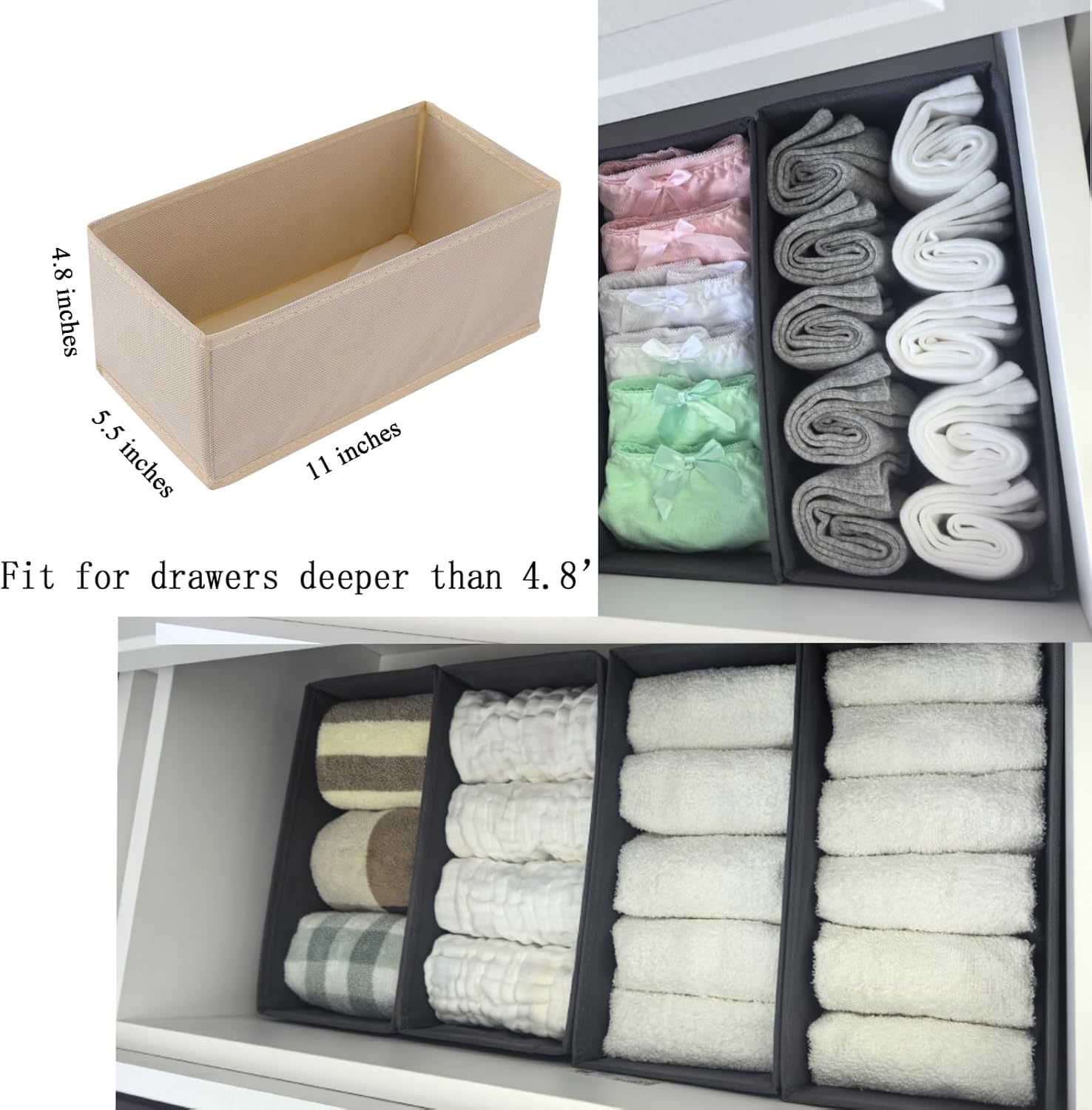 Socks Drawer Organizer Set of 3 Pack Beige, 11' Small Underwear Dividers, Closet Cabinet Dresser Wardrobe Storage Boxes for Girls' Panty Stockings Leggings