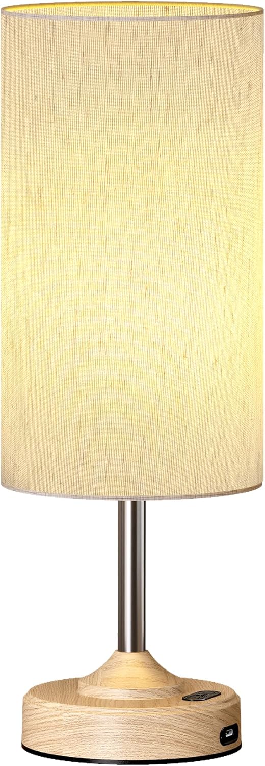 Cordless Table Lamp, Bedside, Dimmable, Touch, Timer, 2700K, Bedroom, Portable, LED, Wireless, Rechargeable, Battery Operated, Desk Lamp, Fabric Shade, Wood-Grain Finish, Living Room, Dining Room