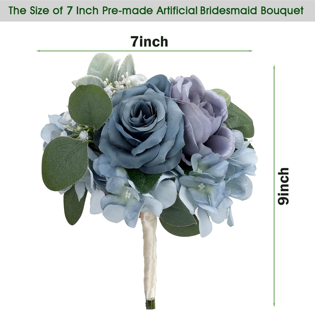 7 Inch Bridesmaid Bouquets Set of 4, Artificial Flower Wedding Bouquets for Bridesmaids Realistic Small Rose Bouquet for Vintage Rustic Country Boho Wedding Decorations - Dusty Blue & White