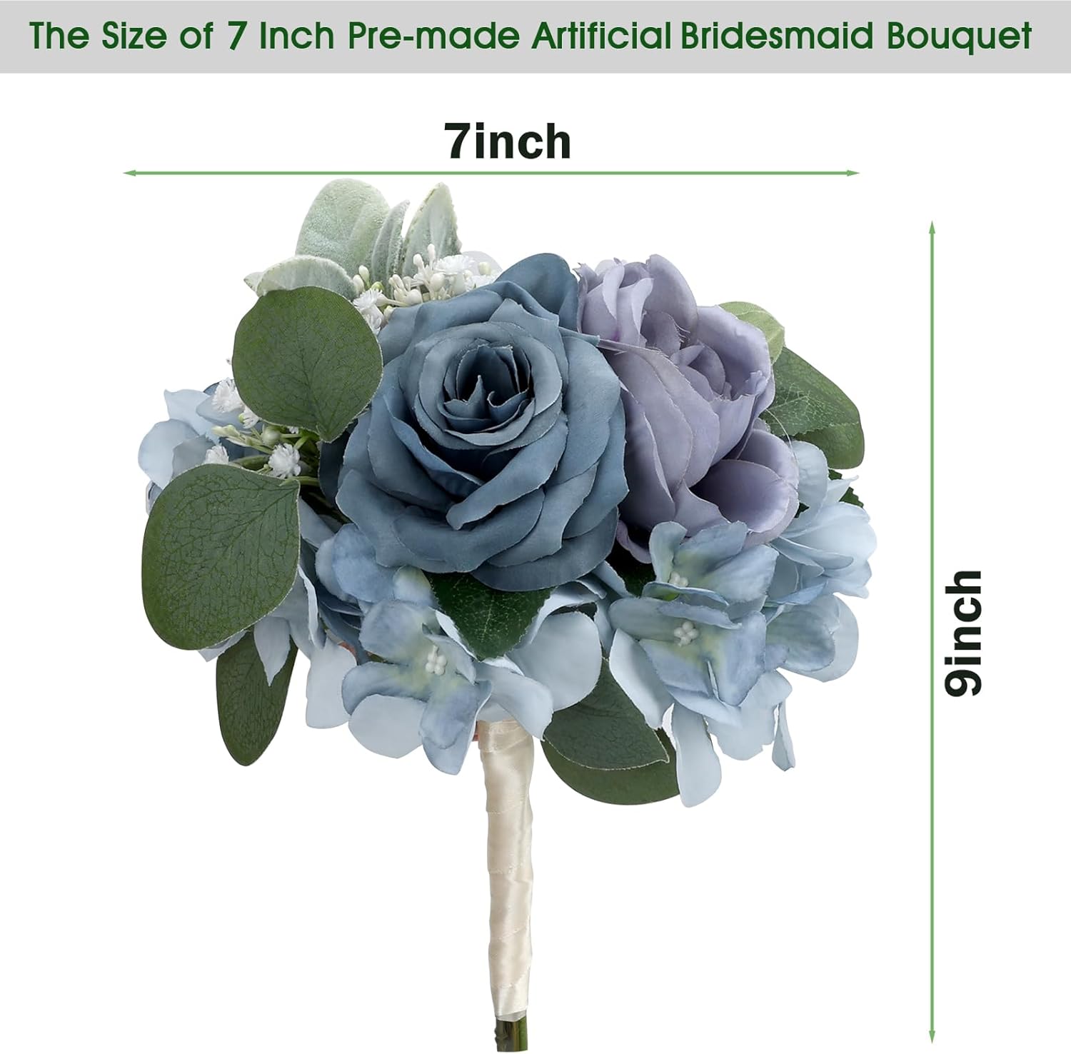 7 Inch Bridesmaid Bouquets Set of 4, Artificial Flower Wedding Bouquets for Bridesmaids Realistic Small Rose Bouquet for Vintage Rustic Country Boho Wedding Decorations - Dusty Blue & White