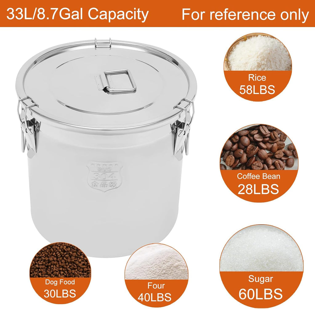 8.7Gal 304 Stainless Steel Airtight Container with Lid and Locking Clamp,28-60Lbs Metal Bucket Large Food Storage Container Stainless Steel Milk Can,for Rice, Flour,Oil,Soup(33L)