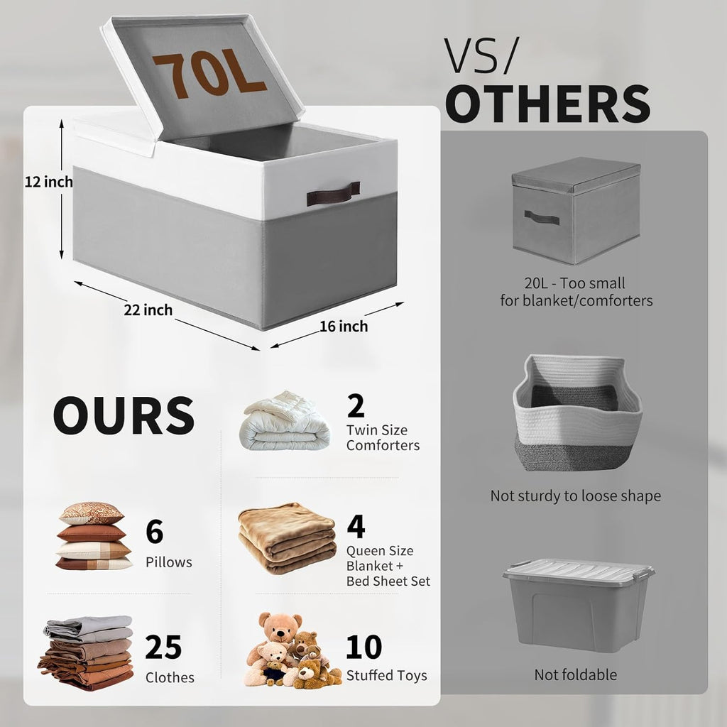 2 Pack EXTRA LARGE Blanket Storage Baskets with Lids, 22”x16”x12” Closet Organizers Bins for Clothes Towel/ Storage Box with Lid Handles/ Stackable Decorative Fabric Bins for Living Room, Nursery