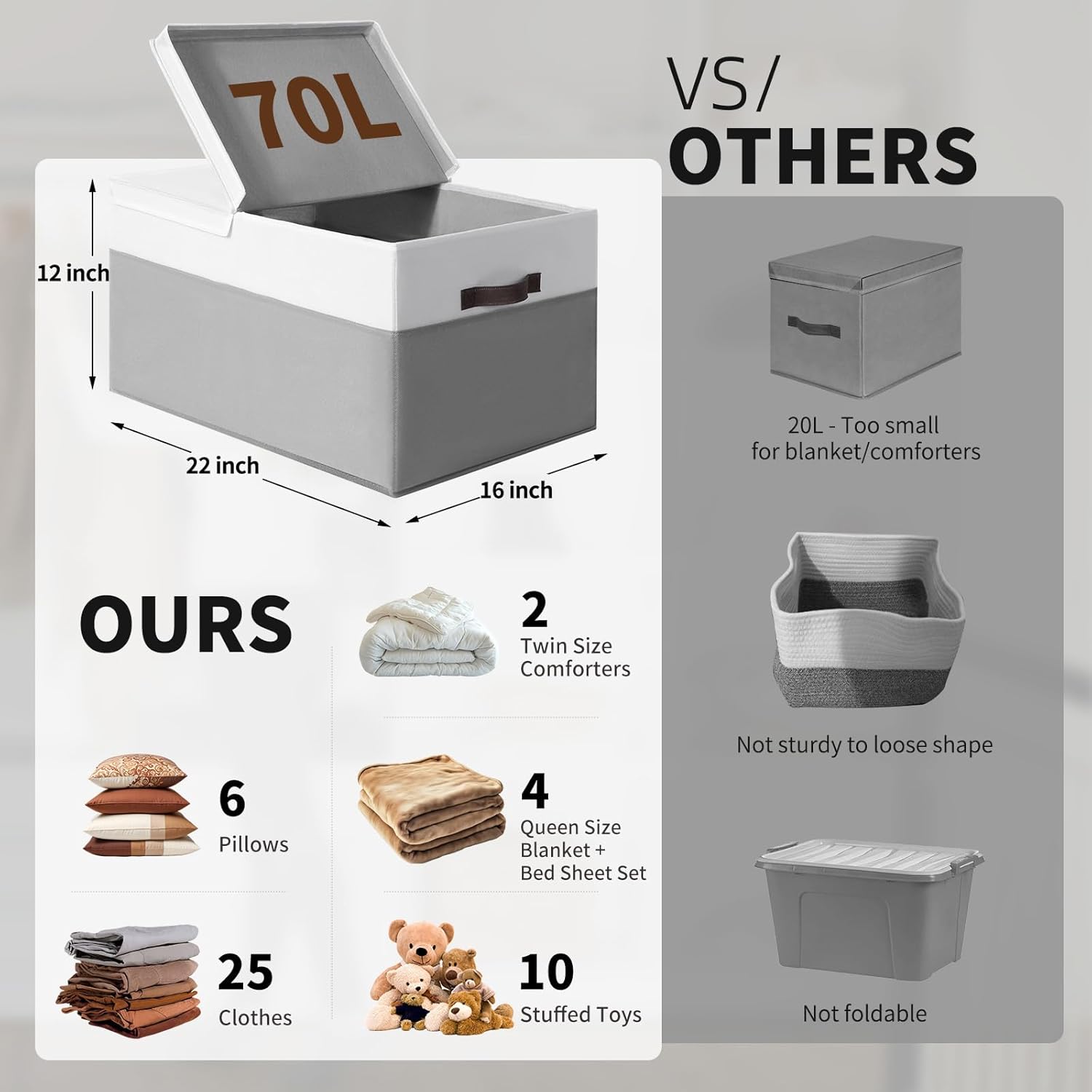 2 Pack EXTRA LARGE Blanket Storage Baskets with Lids, 22”x16”x12” Closet Organizers Bins for Clothes Towel/ Storage Box with Lid Handles/ Stackable Decorative Fabric Bins for Living Room, Nursery