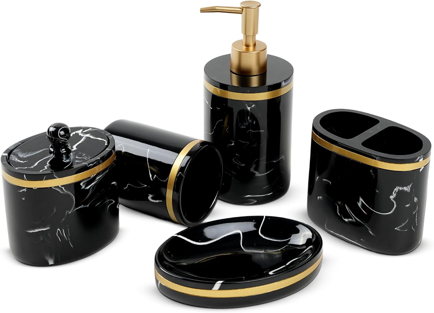 Bathroom Accessories Set 5 Pcs - Toothbrush Holder, Bathroom Tumbler, Lotion Soap Dispenser, Cotton Swab Jars, Soap Dish（Black） - Modern Bathroom Home Decor and Storage Solution