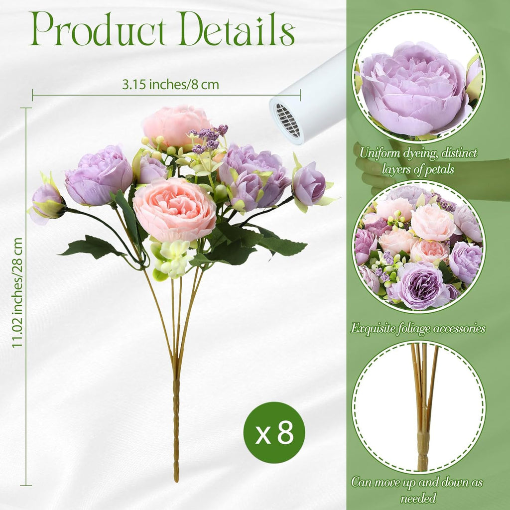 8 Bundles Artificial Peonies Flowers Fake Silk Peony Bouquet Faux Peonies Flowers Bulk for Decoration Vase Floral Arrangements Wedding Party Table (Gray Purple,Light Purple)