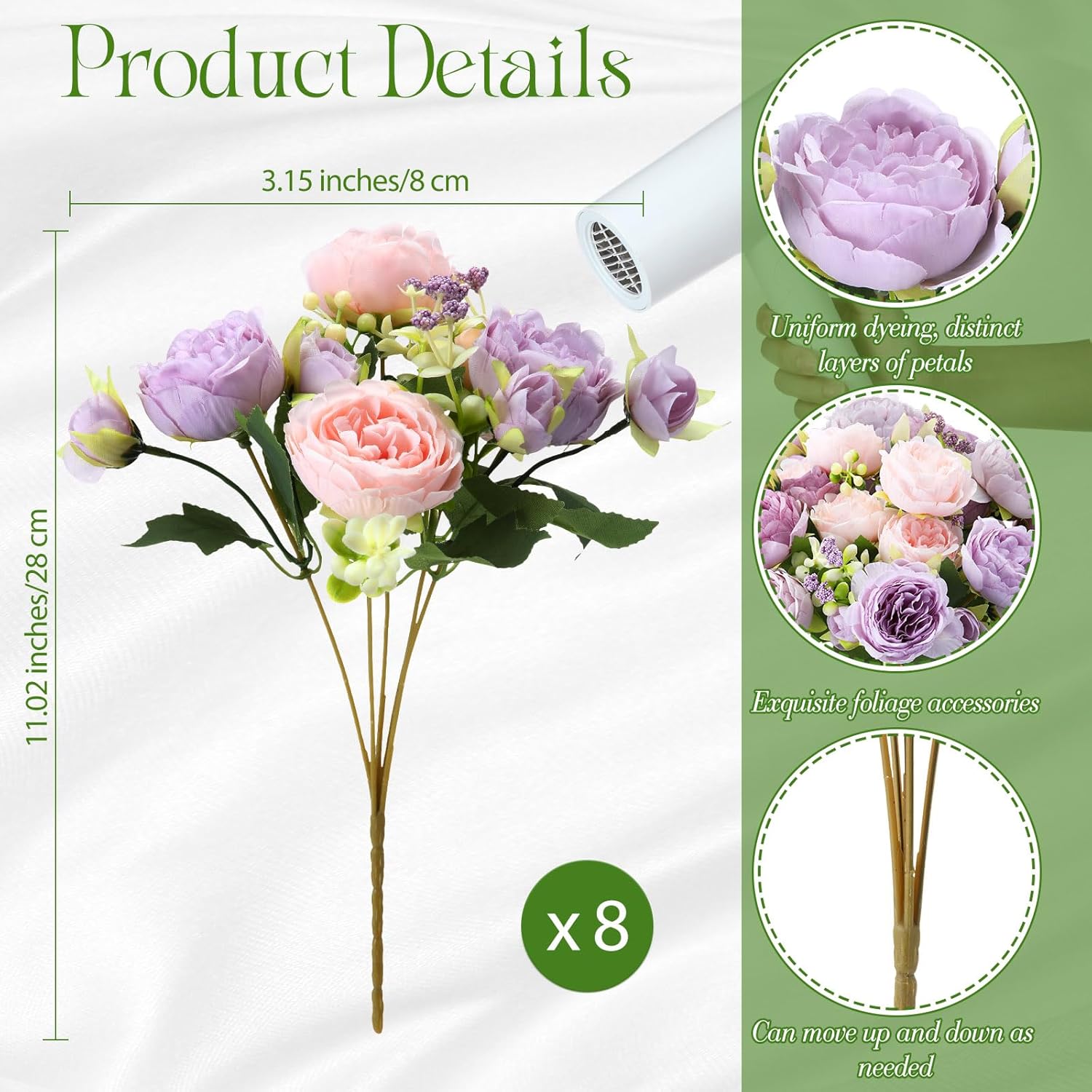 8 Bundles Artificial Peonies Flowers Fake Silk Peony Bouquet Faux Peonies Flowers Bulk for Decoration Vase Floral Arrangements Wedding Party Table (Gray Purple,Light Purple)