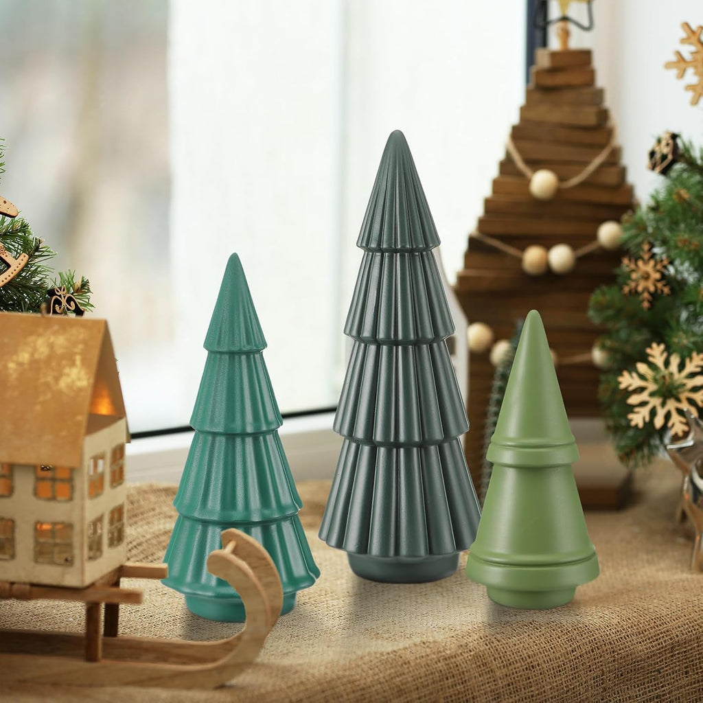 3 Pcs Neutral Christmas Tree Figurines,Minimalism Resin Christmas Tree Ornament Tabletop,Modern Matte Xmas Trees Table Centerpiece for Home Winter Mantel Indoor Holiday Decoration(Green)