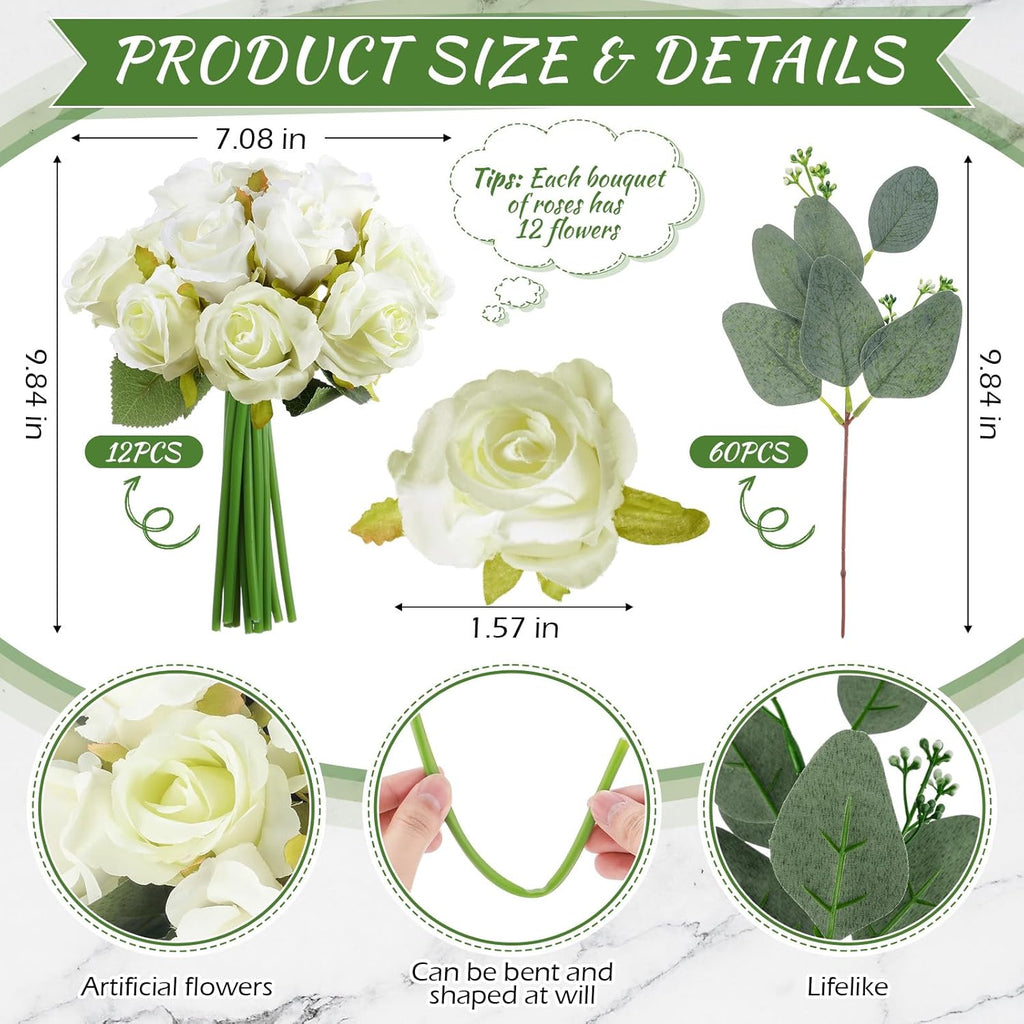 12 Pack Wedding Bridesmaids Bouquets 7 Inch Artificial Rose Bouquets Silk Flowers with Stems Fake Floral Bundles Bulk for Wedding Bridal Shower Party Centerpieces Home Decor(White Green)