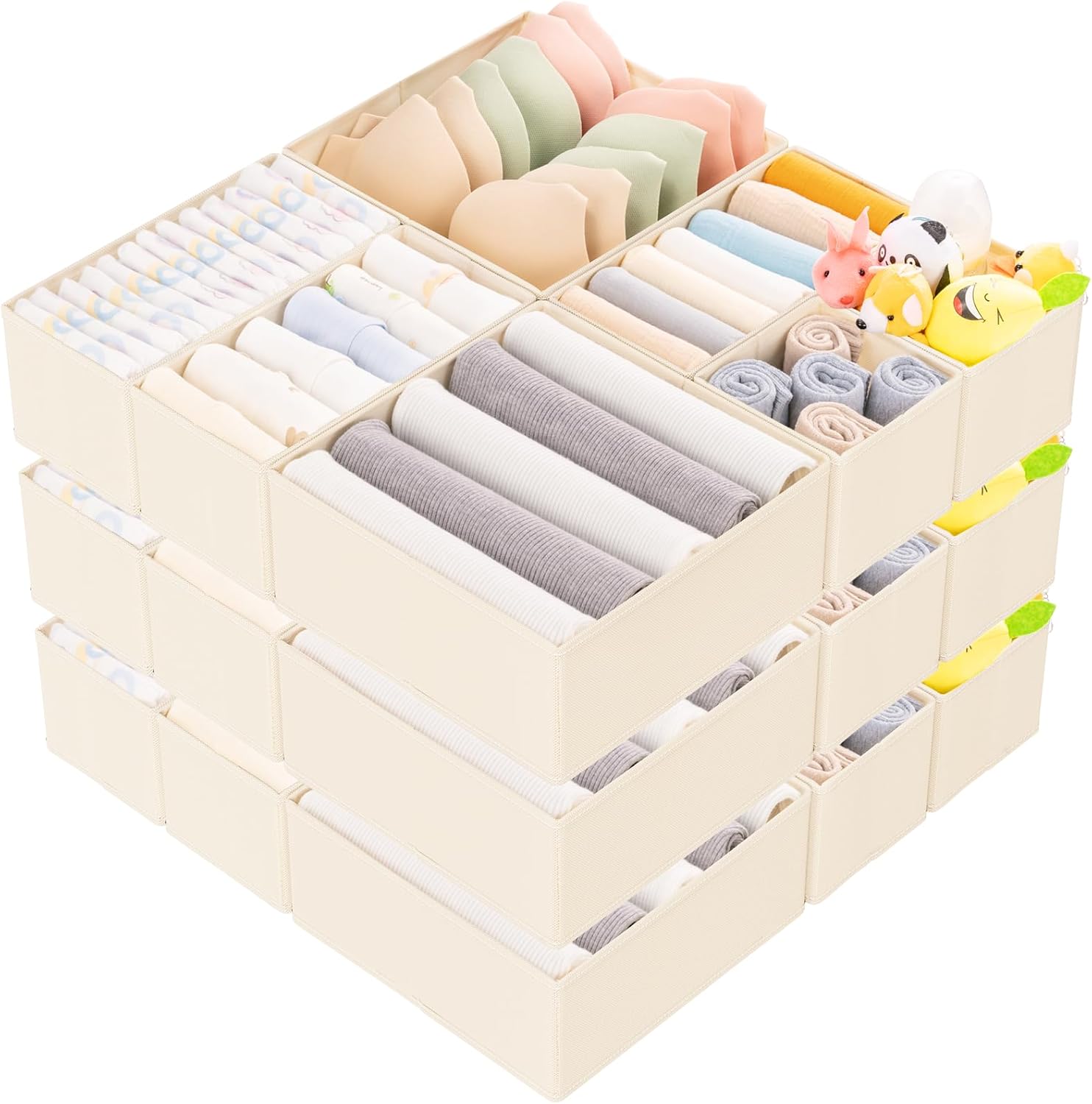 15 Pack Drawer Organizer for Clothes, Foldable Dresser Dividers with 3 Sizes, Fabric Storage Bins – Beige