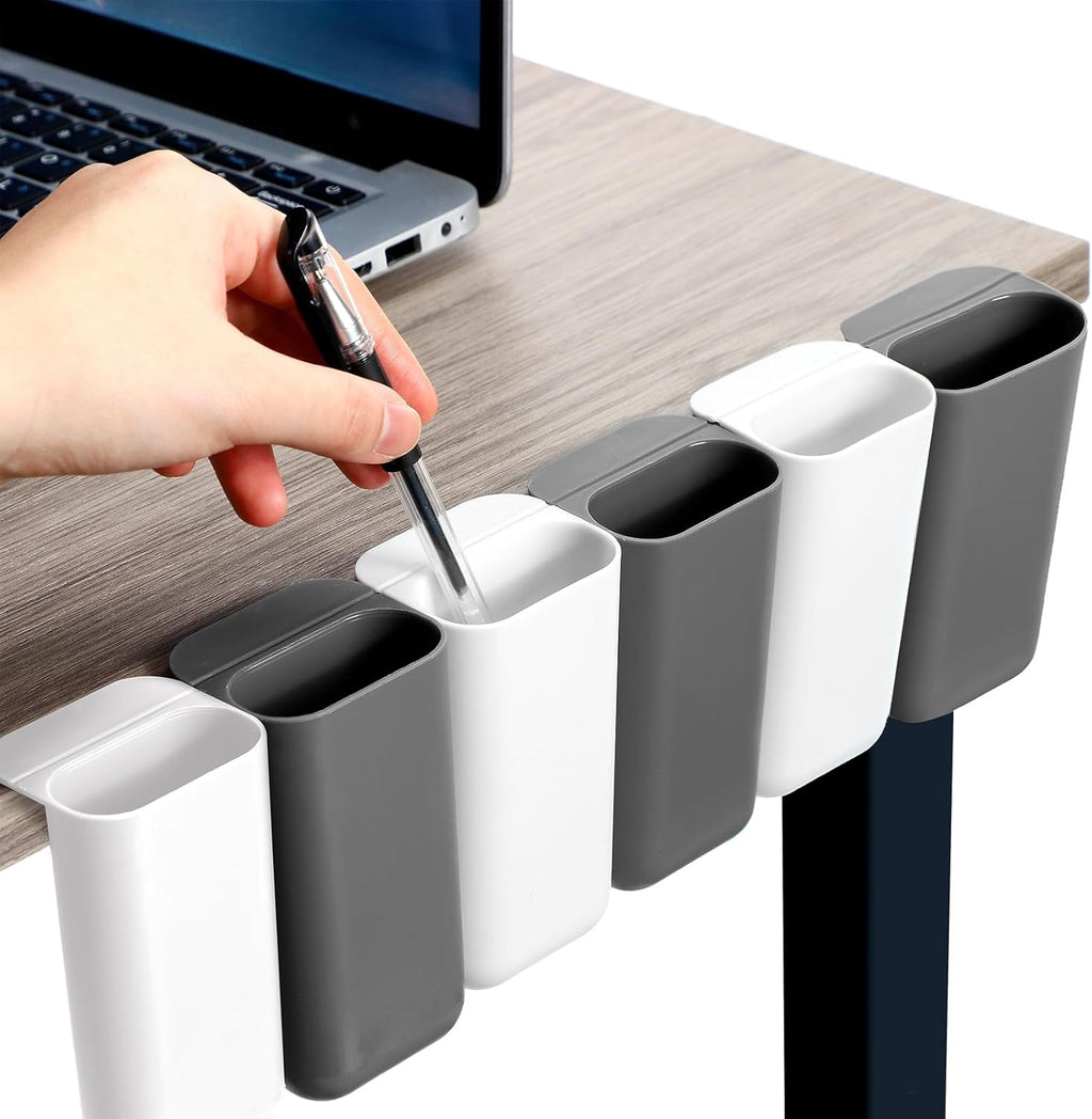 6 Pcs Screen Pen Pencil Holders Attachable Deskside Pen Holder Computer Monitor Desktop Pencil Organizer with Self Adhesive Attacher for Office Supplies Work Gadgets Storage(Gray, White)