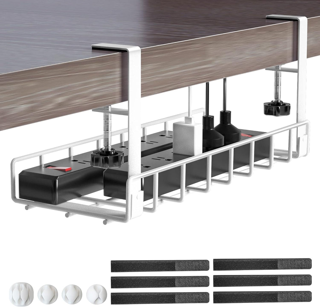 Under Desk Cable Management Tray,  Upgraded Wire Management No Drill No Screws, Cable Tray with Clamp for Wire Organizers, Computer Cord Rack for Office, Home - No Damage to Desk White
