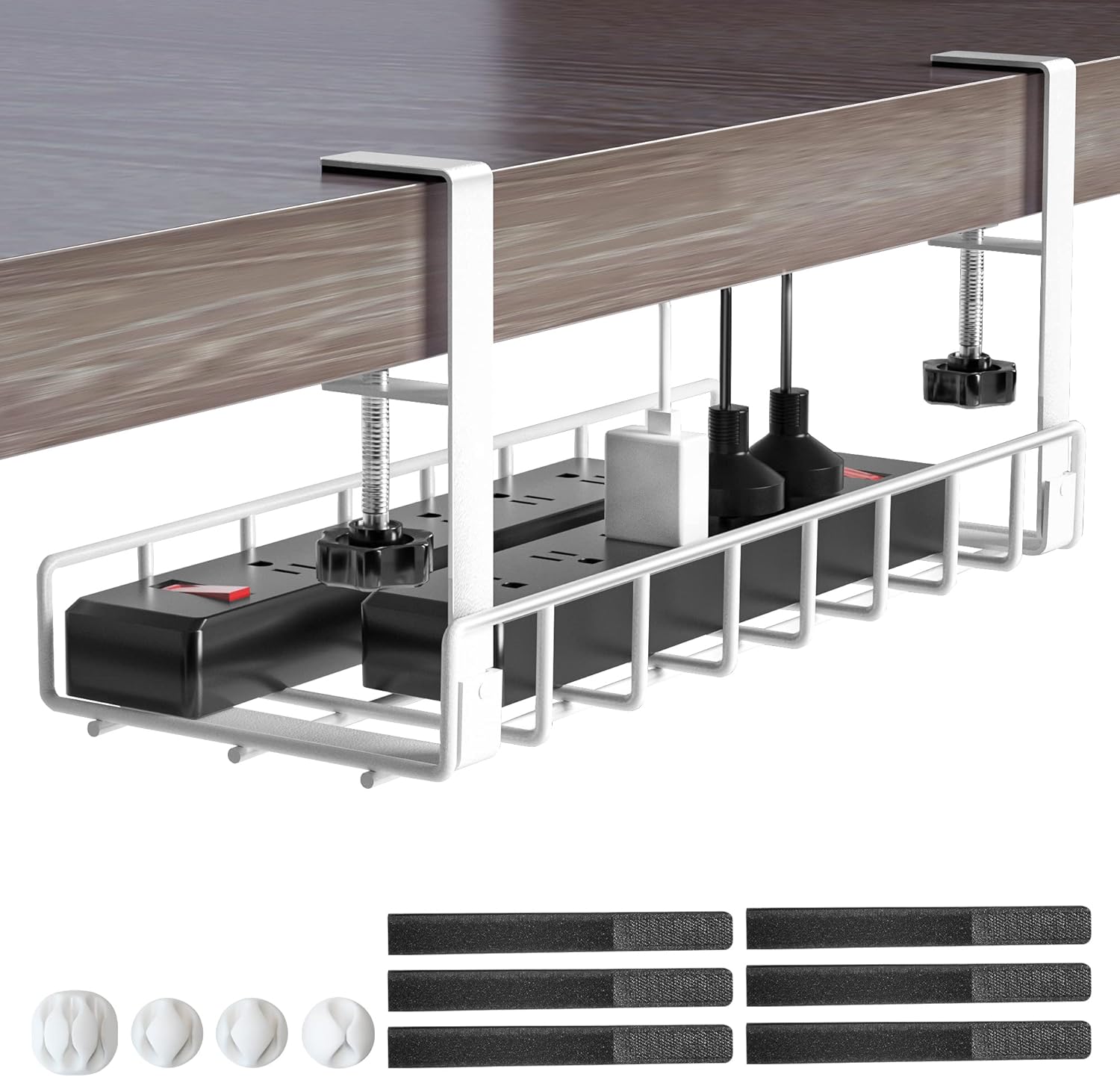 Under Desk Cable Management Tray,  Upgraded Wire Management No Drill No Screws, Cable Tray with Clamp for Wire Organizers, Computer Cord Rack for Office, Home - No Damage to Desk White