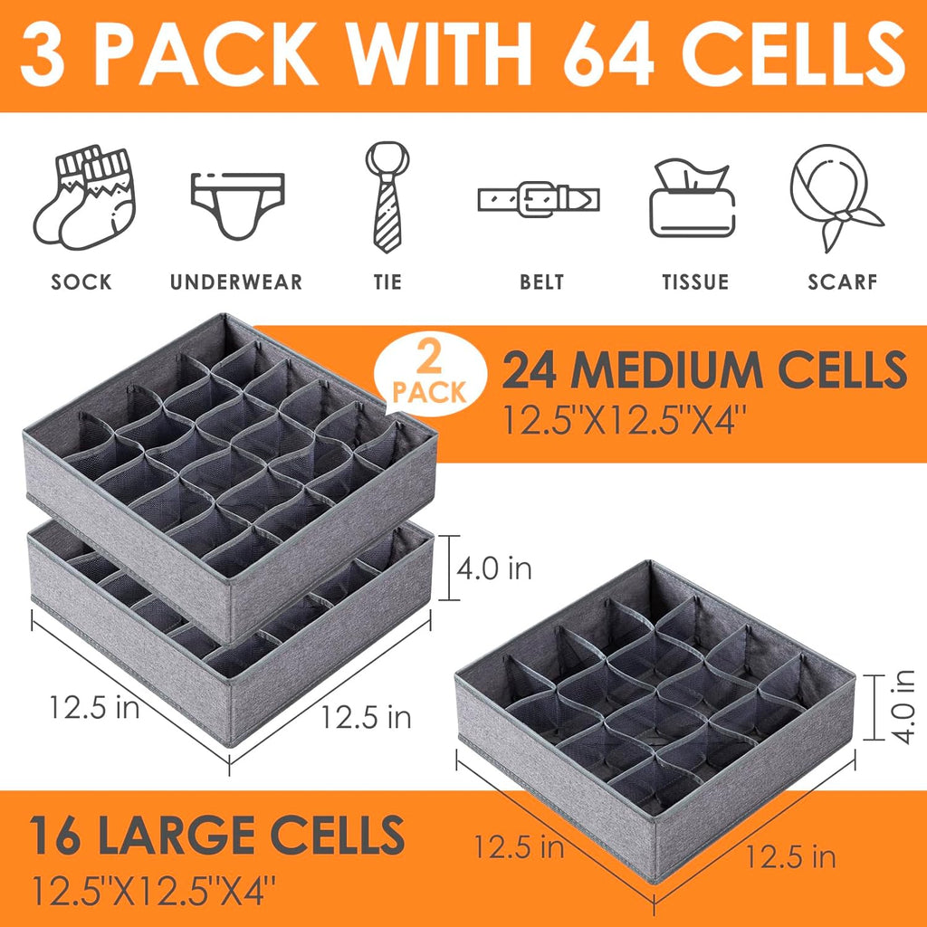 3 Pack Sock Underwear Drawer Organizer Dividers, 64 Cell Fabric Foldable Dresser Organizer for Closet Organizers and Storage Boxes for Organizing Socks, Underwear, Ties (16+24+24 Cell, Gray)
