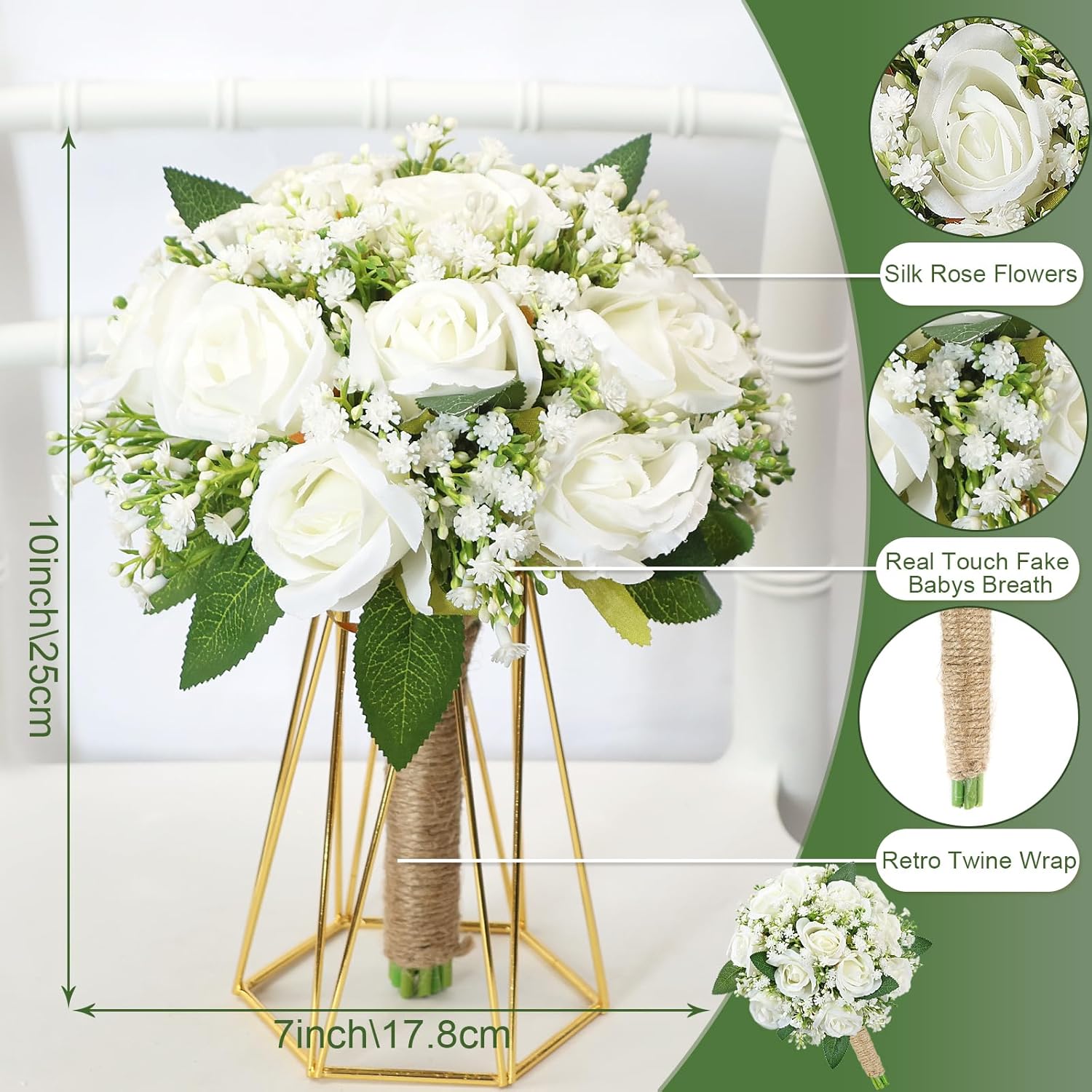 Artificial Bridesmaid Bouquets Set of 6 for Wedding - 7 inch White Flowers Bouquets for Bridesmaids, Faux Rose Gypsophila Rustic Small Floral Bouquet Fake Boho Wedding Party Ceremony Anniversary Decor