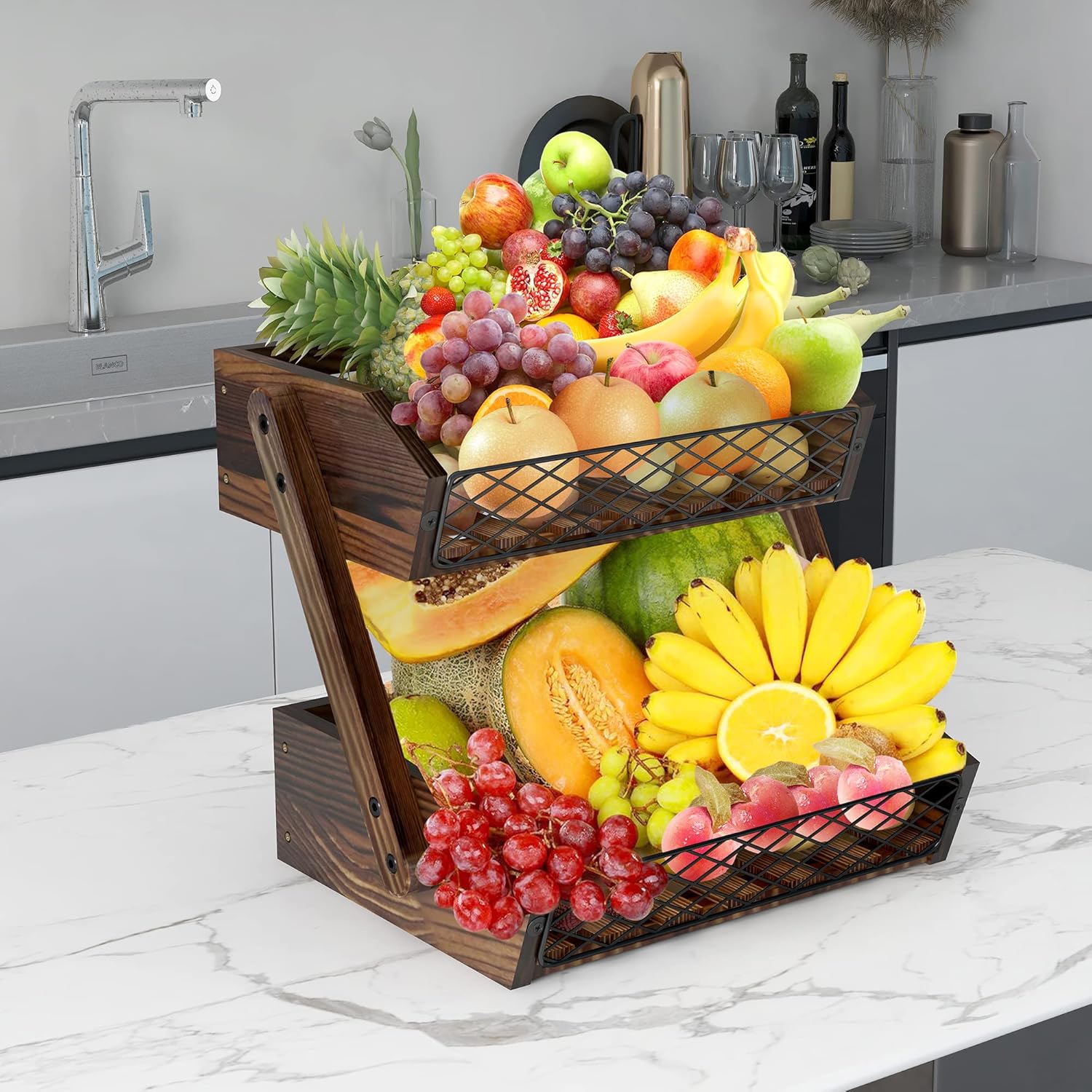 Fruit Basket for Kitchen, 2 Tier Fruit Bowl,Kitchen Counter Organizer,Wooden Vegetable Holder for Countertop,Bread Storage Basket Stand