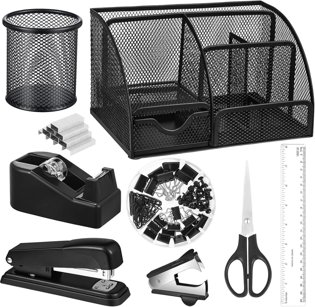 Black Desk Organizer and Accessories, Black Desk Asccessories Office Supply Kit Include Mesh Desktop Organizer Stapler 1000 Staples Tape Dispenser Pen Holder Staple Remover Clips Ruler Scissors