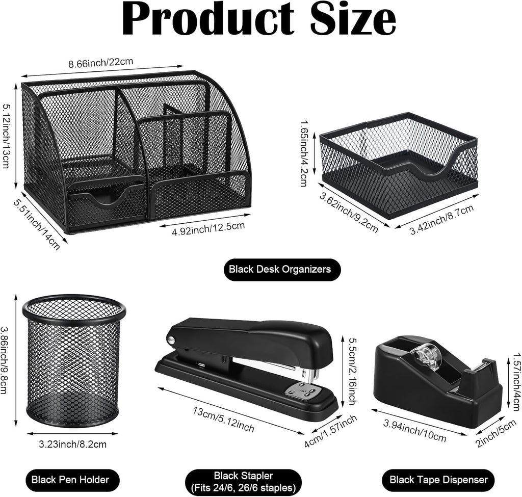 Black Desk Organizer and Accessories, Black Desk Asccessories Office Supply Kit Include Mesh Desktop Organizer Stapler 1000 Staples Tape Dispenser Pen Holder Staple Remover Clips Ruler Scissors