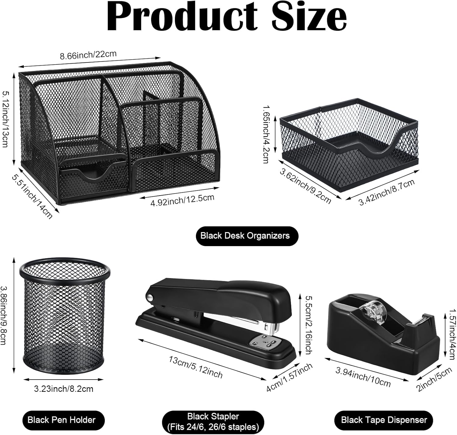 Black Desk Organizer and Accessories, Black Desk Asccessories Office Supply Kit Include Mesh Desktop Organizer Stapler 1000 Staples Tape Dispenser Pen Holder Staple Remover Clips Ruler Scissors