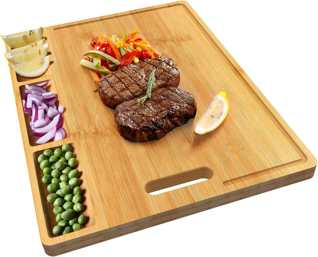 Cutting Boards,Large Bamboo Chopping Board, Built-In 3 Compartments And Juice Grooves, Charcuterie Board for Kitchen Counter Meat (Butcher Block) Cheese, Vegetables,Bread (17 x 12.6")