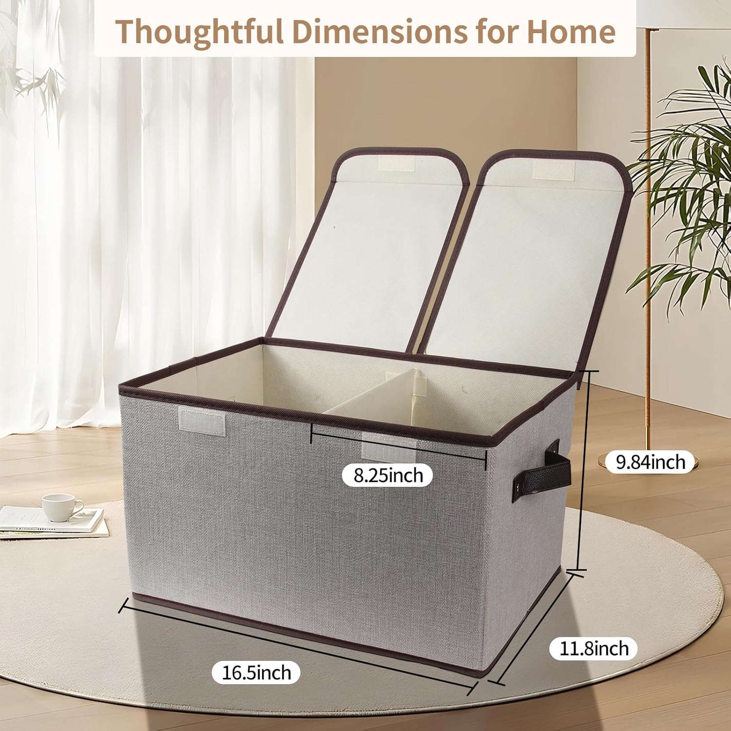 Foldable Fabric Storage Box, 16.5 x 11.8 x 9.8 inches (L x W x H), with Double-Lid & Dividers, Large Organizer for Home, Closet, Office(Grey)