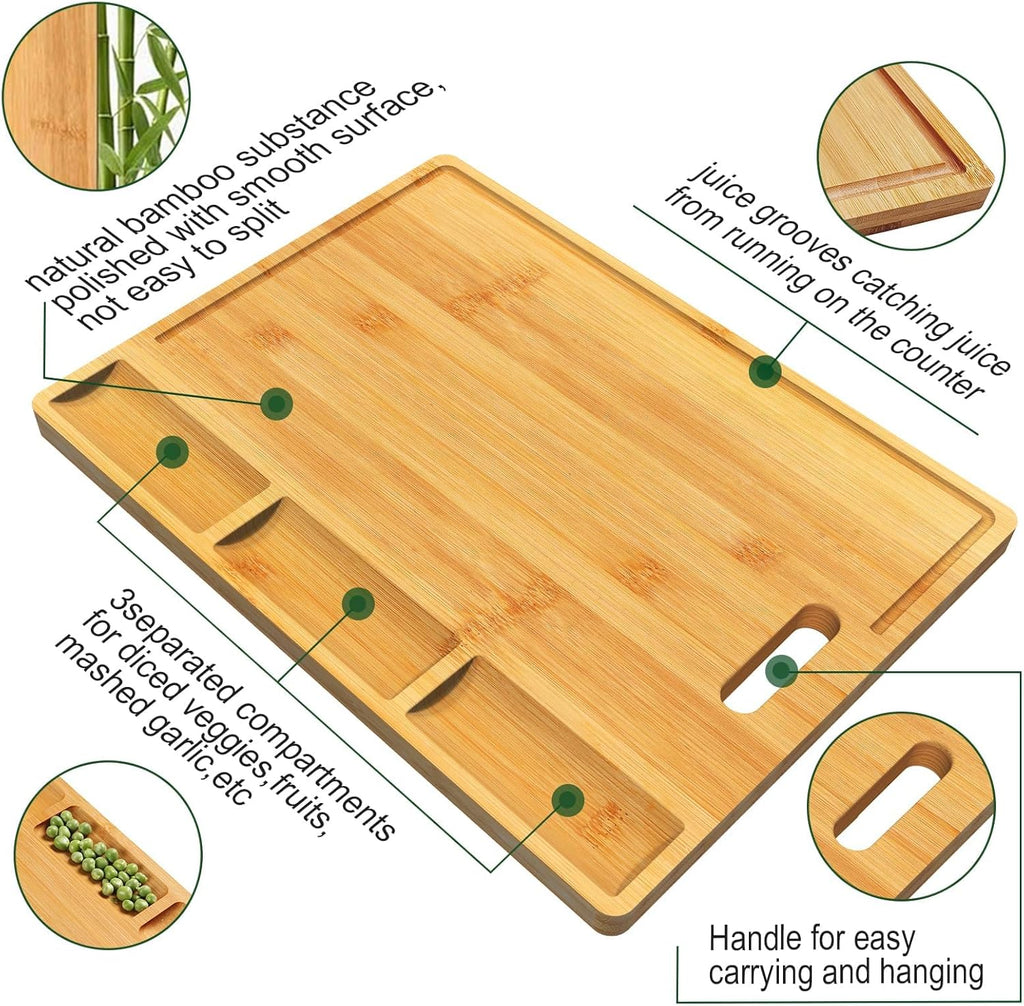Cutting Boards,Large Bamboo Chopping Board, Built-In 3 Compartments And Juice Grooves, Charcuterie Board for Kitchen Counter Meat (Butcher Block) Cheese, Vegetables,Bread (17 x 12.6")
