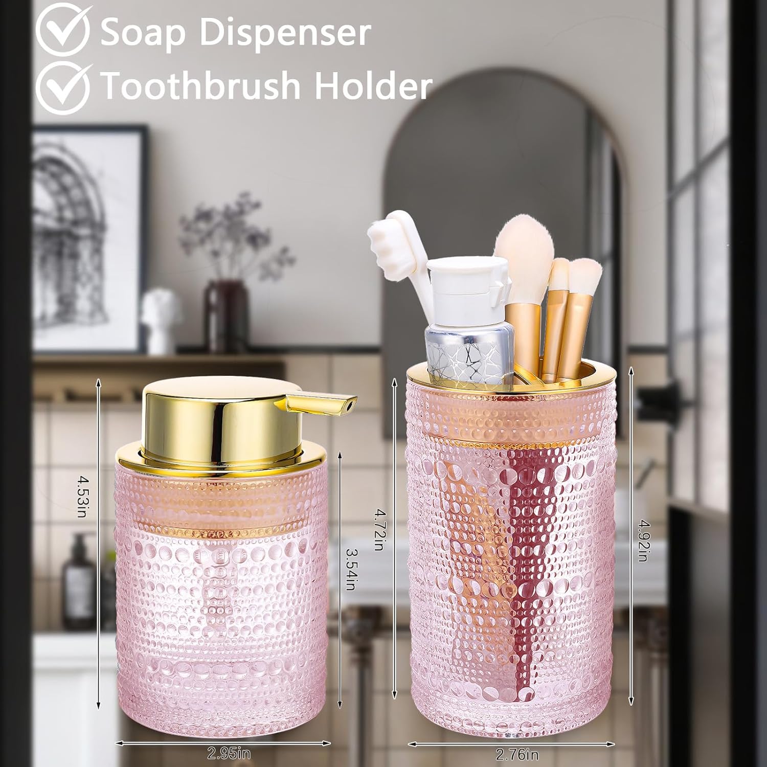 Bathroom Accessories Set, 2 Pcs Pink Glass Bathroom Accessory Sets with Toothbrush Holder, Hand Foaming Soap Dispenser, Bathroom Tumbler and Mouthwash Cup, Modern Bathroom Decor