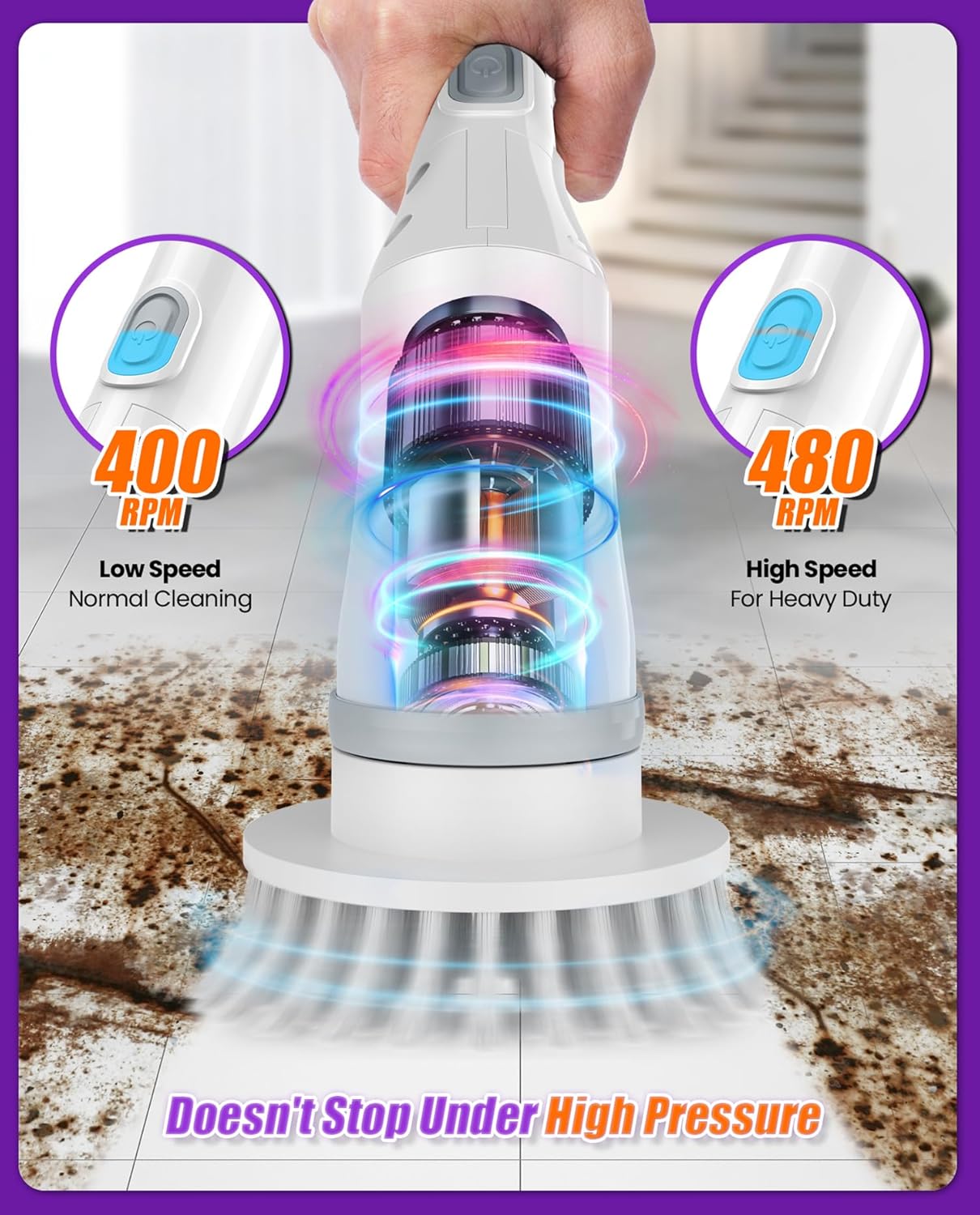 Electric Spin Scrubber, Cordless Shower Scrubber Rotary Floor Brushes & Pad Drivers with 6 Brush Heads - 2H Dual Speed,  Waterproof Extension Handle for Bathroom Tile Car Cleaning (White)