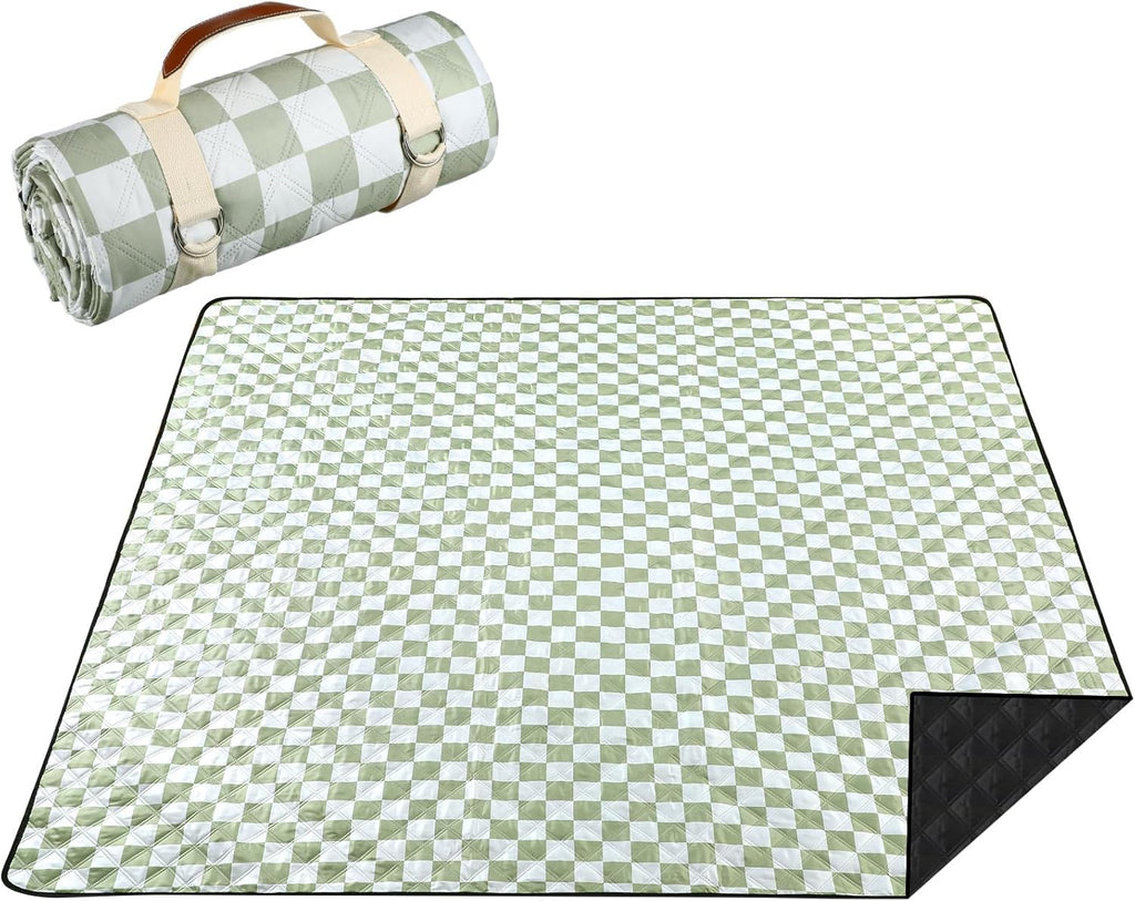 Checkered Picnic Blanket Extra Large Sage Green Outdoor Blanket Waterproof Sandproof 80"x80" Portable Machine Washable 3 Layer Thick Gingham Picnic Mat for Beach Camping Park Grass Travel