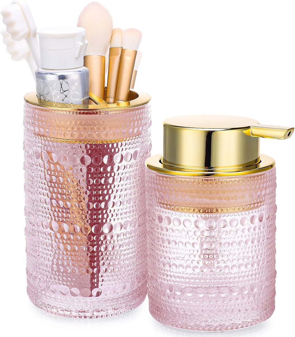 Bathroom Accessories Set, 2 Pcs Pink Glass Bathroom Accessory Sets with Toothbrush Holder, Hand Foaming Soap Dispenser, Bathroom Tumbler and Mouthwash Cup, Modern Bathroom Decor
