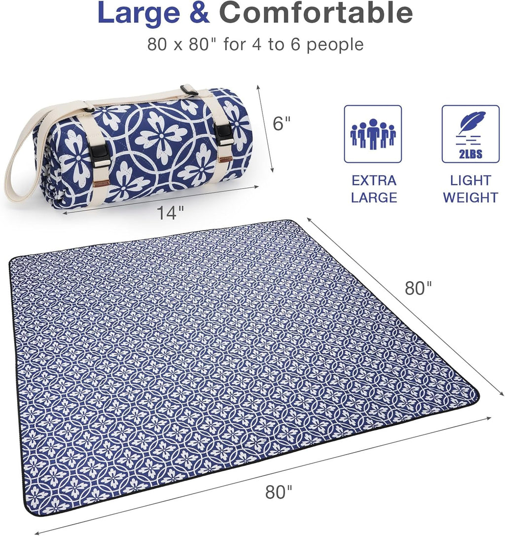 Picnic Blanket, 80''x80'' Waterproof Outdoor Blankets, Picnic Mat Washable for Beach, Picnic Blankets for Camping on Grass with Shoulder Strap - NavyBlue